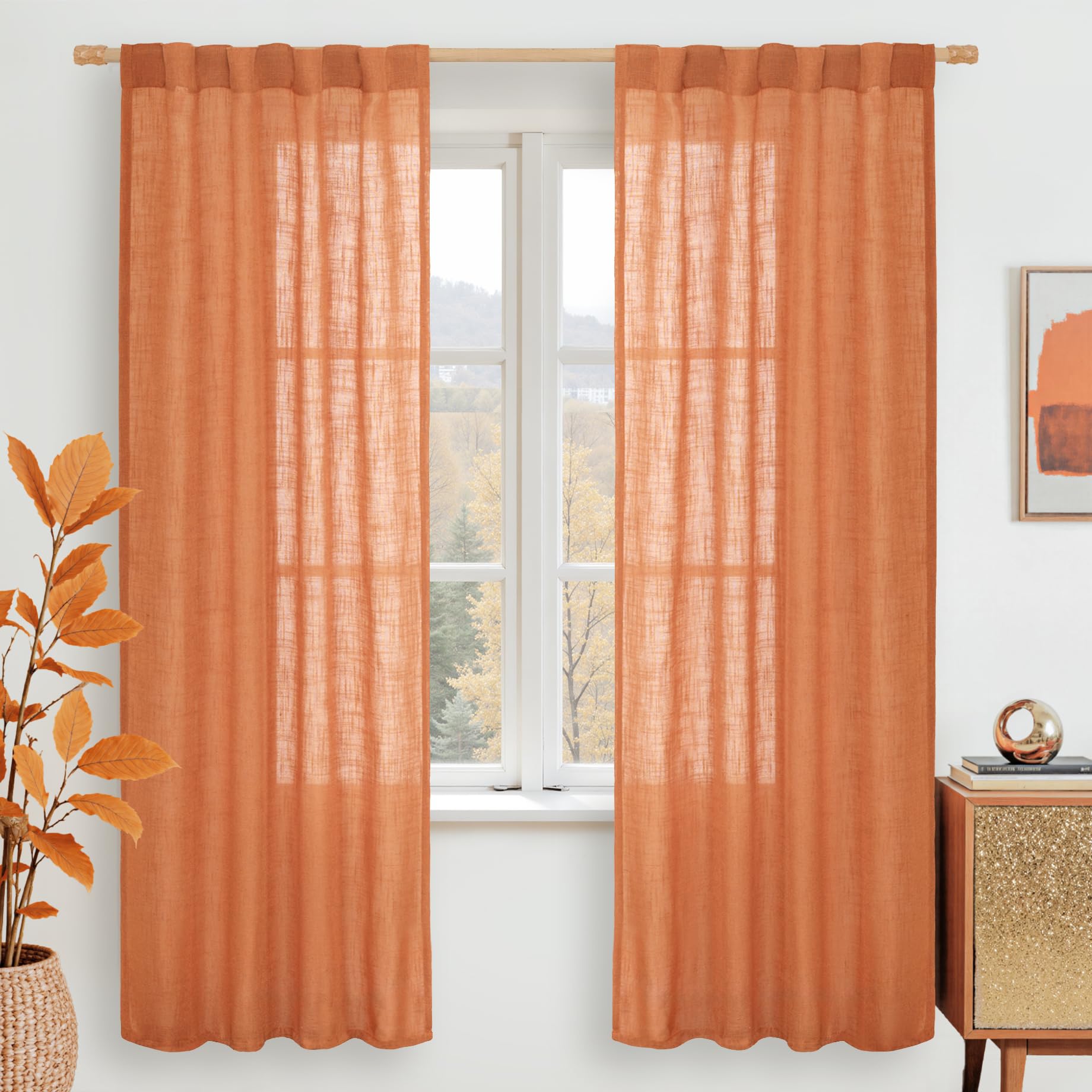 LAMIT Burnt Orange Linen Curtains for Bedroom, 72 Inch Length Light Filtering Semi Sheer Panels Back Tab and Rod Pocket Neutral Drapes for Living Room, 2 Panels, 34 x 72 Inch โ image 1