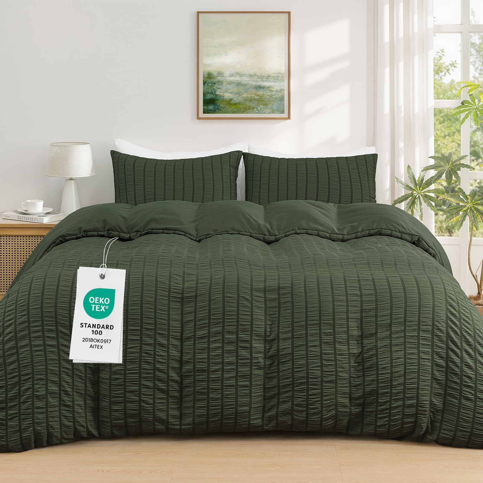 Duvetnova Seersucker King Size Duvet Cover Sets Olive Green OEKO-TEX Soft Breathable Microfiber Bedding Set with Zipper Closure All Season 230x220cm with 2 Pillow Cases