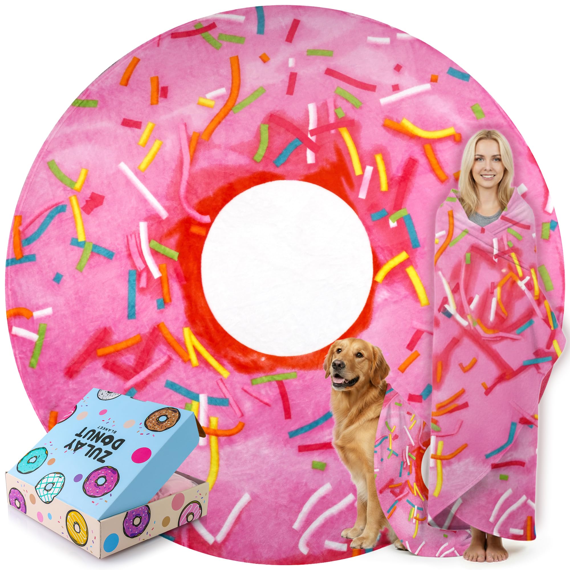 Zulay Riesiger doppelseitiger glasierter Donut mit Geschenk-Box-Verpackung – Neuheit Decke für Erwachsene und Kinder – weiche Flanell-runde glasierte Donut-Decke für drinnen und draußen, Reisen,