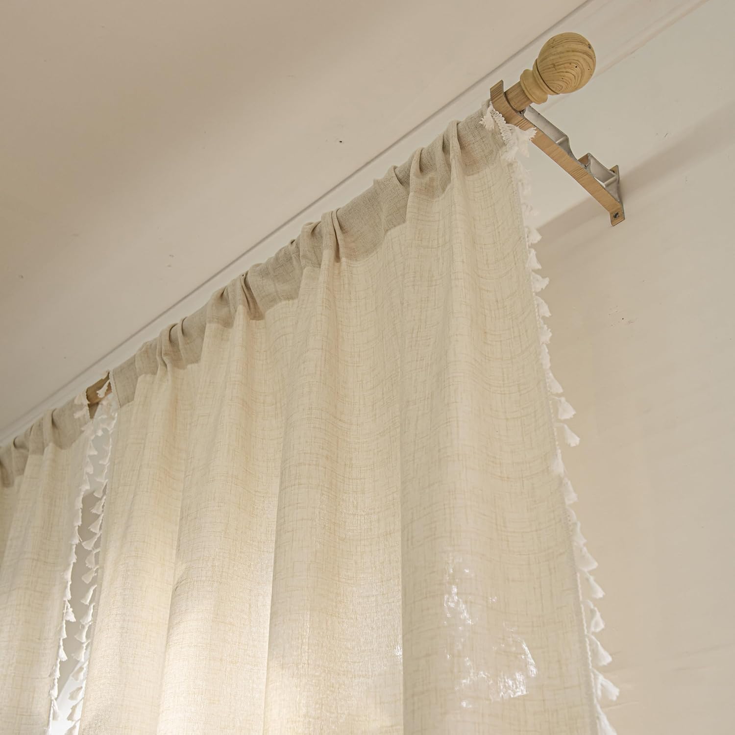 Boho Curtains 2 Panels 108 inches Length for Bedroom, Rich Textured Linen Semi Blackout French Farmhouse Country Window Treatment Tassels,52" W x 108" L, Ivory