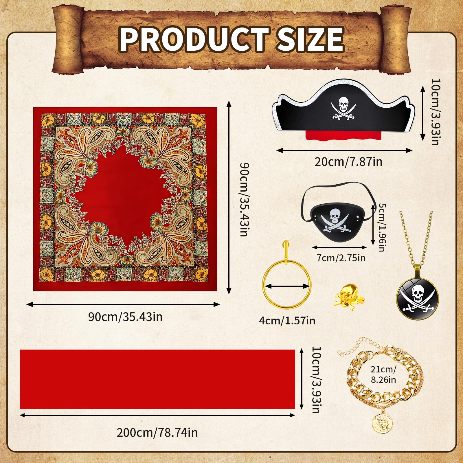 Ninnyi 8PCS Pirate Accessories Set for Women Pirate Costumes Adult with Headscarf Sash Belt Bracelet Hat Earring Ring Eye Patch Necklace - Image 2