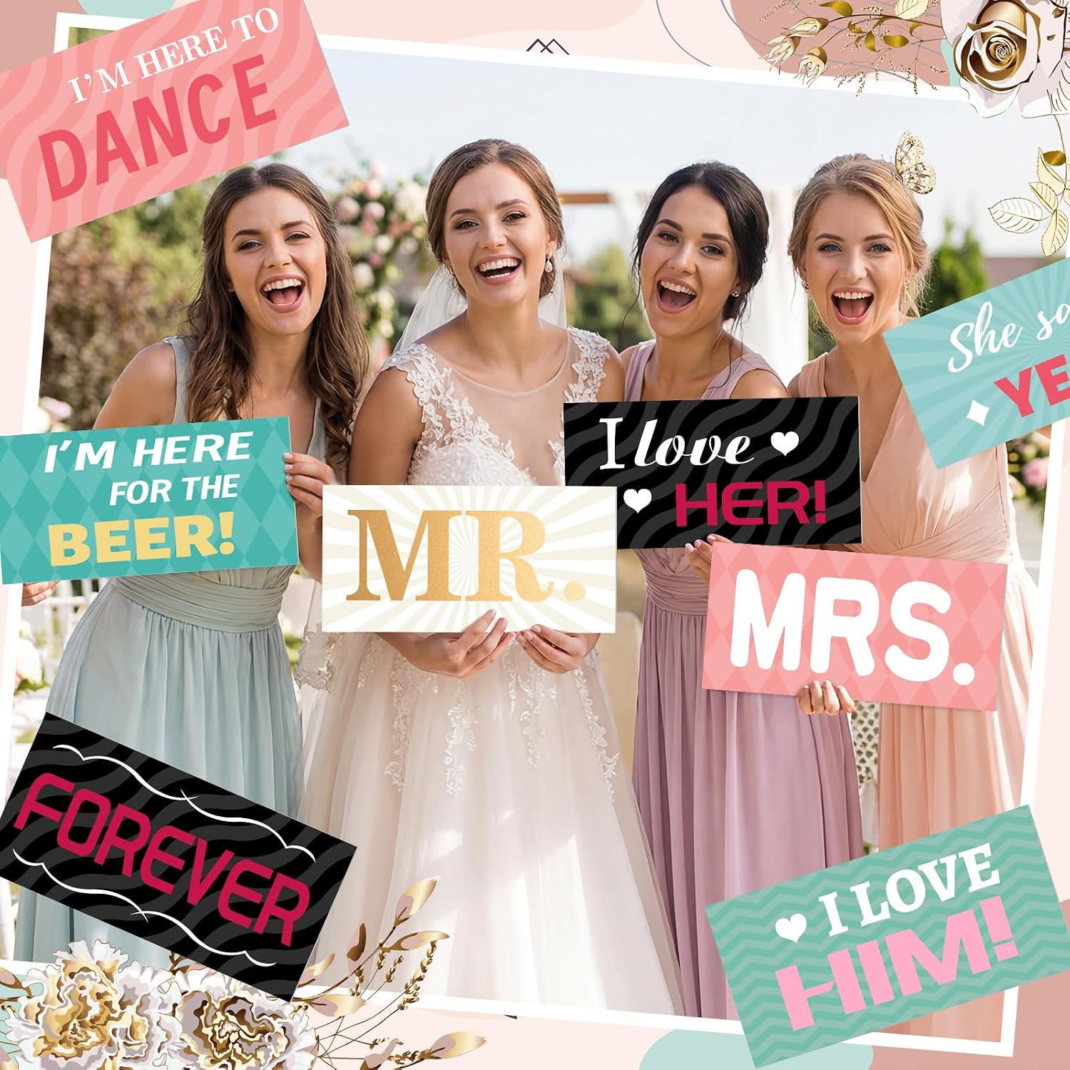 Beeveer 24 Designs Wedding Photo Booth Props Double Sided 11.02*5.51‘'photo Booth Props Wedding Marriage Party Decor Gold Pink Teal Selfie Signs DIY Water Proof PVC Printing for Bridal Party Supplies