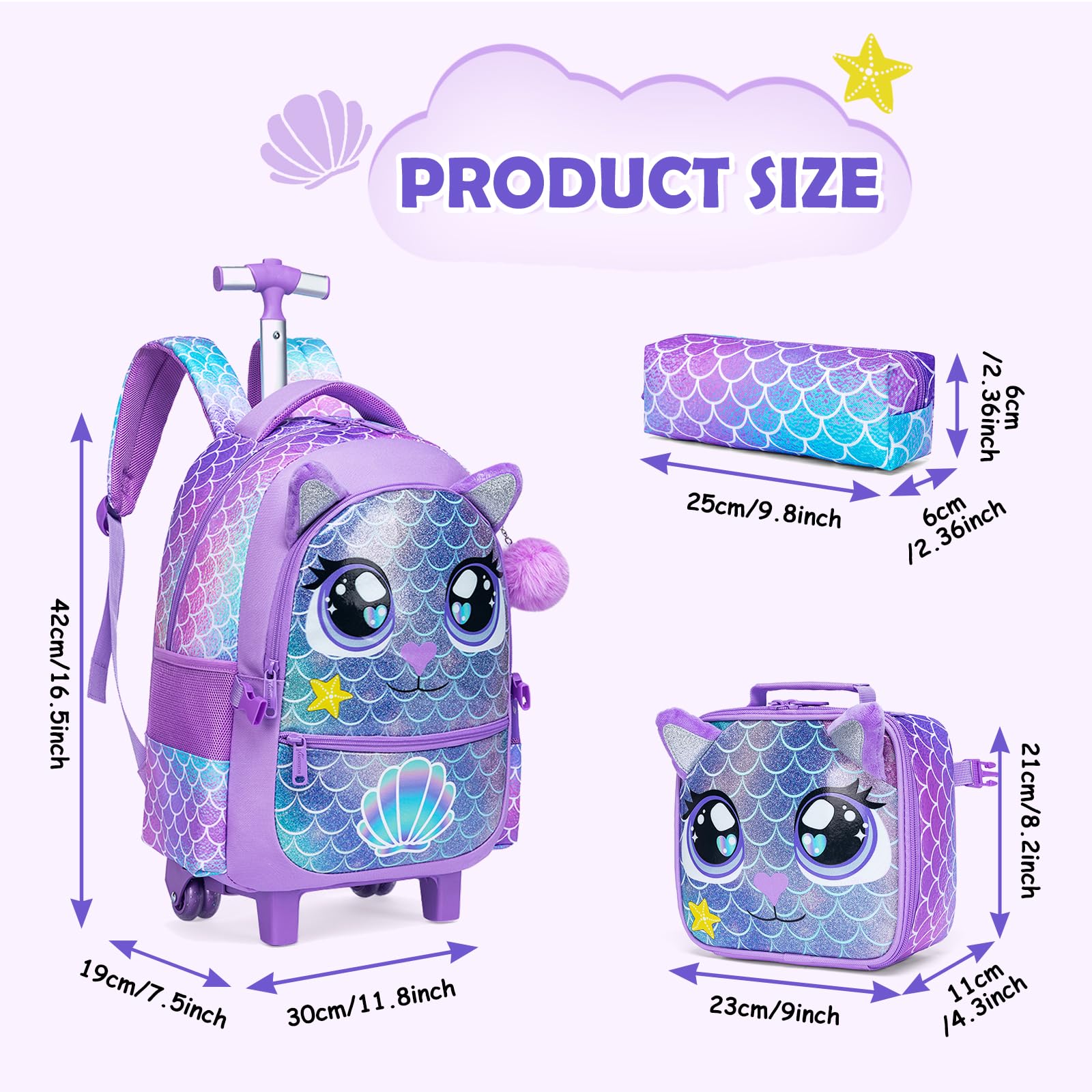 Kinder Rucksack mit Rollen für Mädchen die Schule Große Augen Tier Leopard Koffer Schultrolley Komplett mit Lunchbag Federmäppchen-Set Geeignet Grundschüler Jugendliche 5-12 Jahre Alt Lila