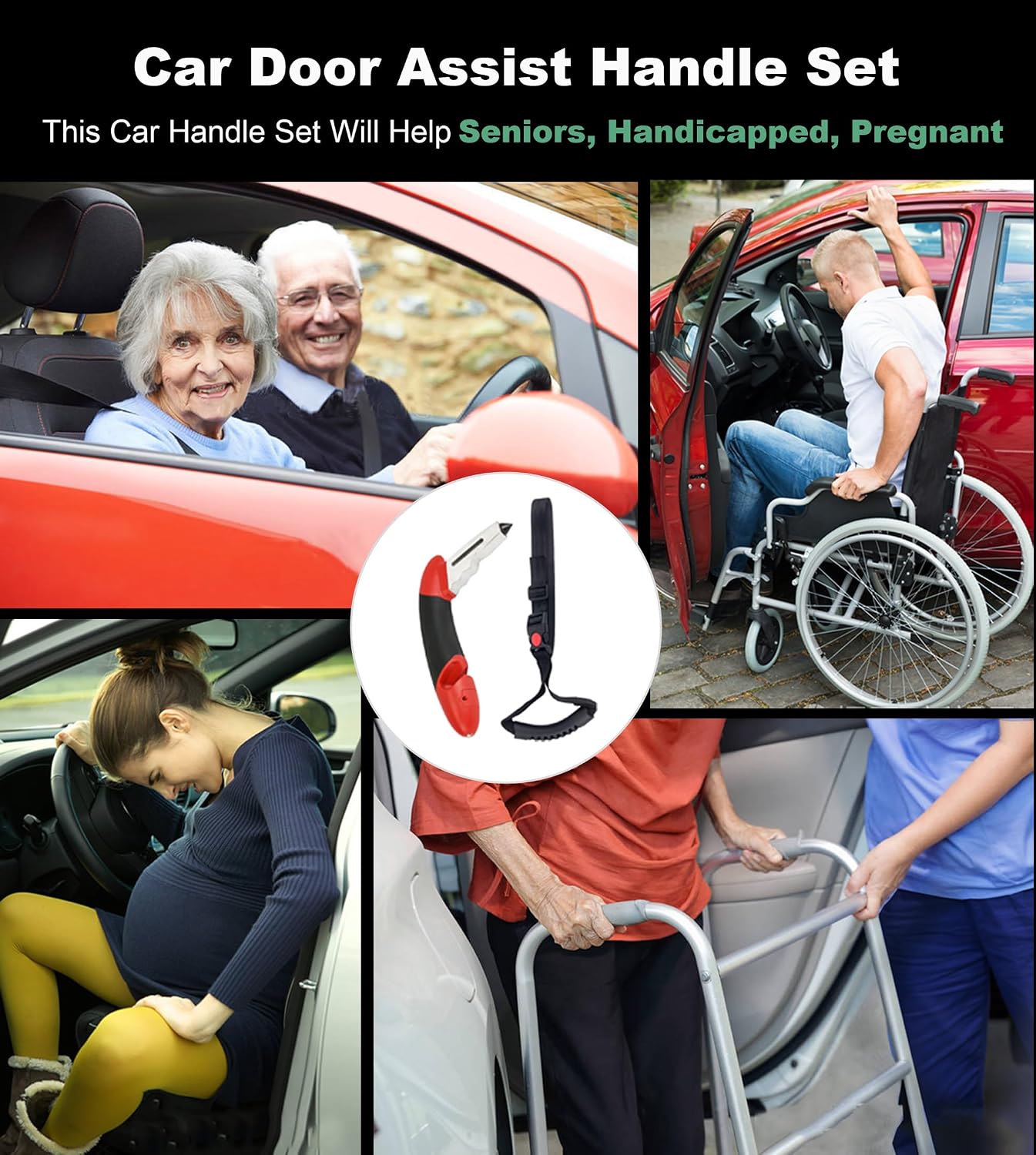 Car Handle Assist Holder, 5 in 1 Vehicle Support Handles, Seatbelt Cutter, Window Breaker, Car Emergency Tool with LED Flashlight for Elderly, Disabled