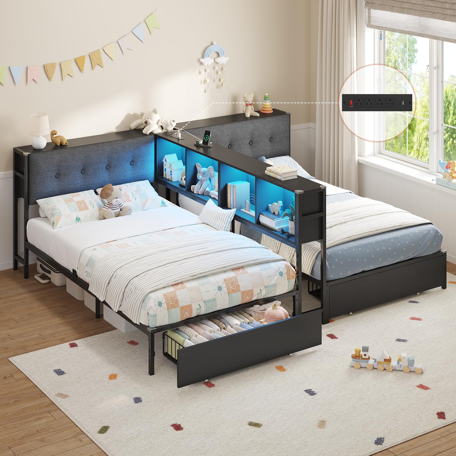 DICTAC Twin Beds for 2 Kids with Storage Bookcase Divider