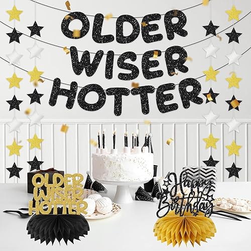 Miniatura 5 de Older Wiser Hotter - Kit de decoración de pancartas preencordadas para hombres y mujeres, guirnalda de estrellas con purpurina dorada negra y dorada