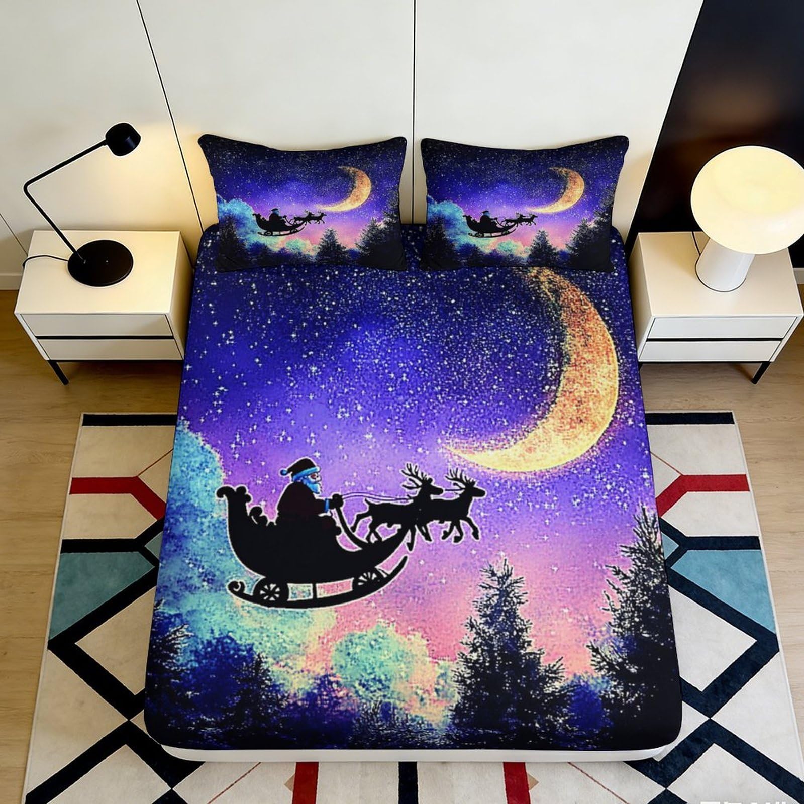 3D Printed Starry Night Sky Fitted Sheet Microfiber Soft Santa Sleigh Bed Cover for Bedroom Guest Room Decor 120x200x25cm