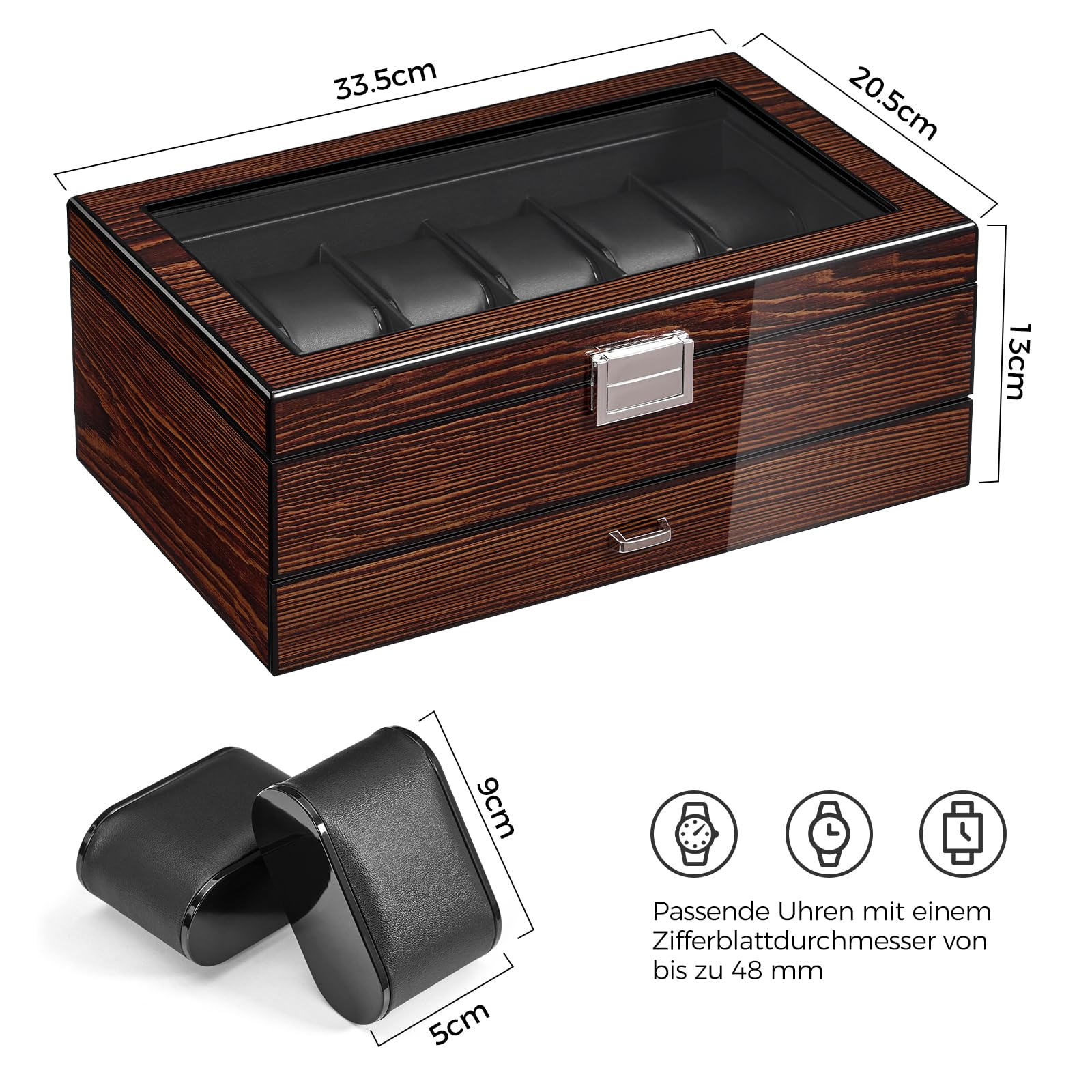 BEWISHOME Uhrenbox mit 12 Fächern, Herren Luxuriöse Uhrenbox | 2 Ebenen Uhrenkasten, Uhrenaufbewahrung mit Glasdeckel, Uhren Aufbewahrungsbox, Weihnachten Uhren Box, Braun, ESSH02Y