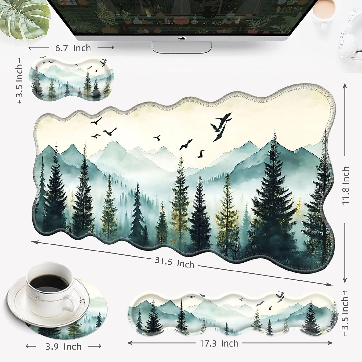 Desk Mat, Mouse Pad with Wrist Rest, 4-in-1 Large Mouse Pads for Desk, Ergonomic Mouse Pad and Keyboard Wrist Rest Gaming Keyboard Mat for Office,Misty Forest and Mountain