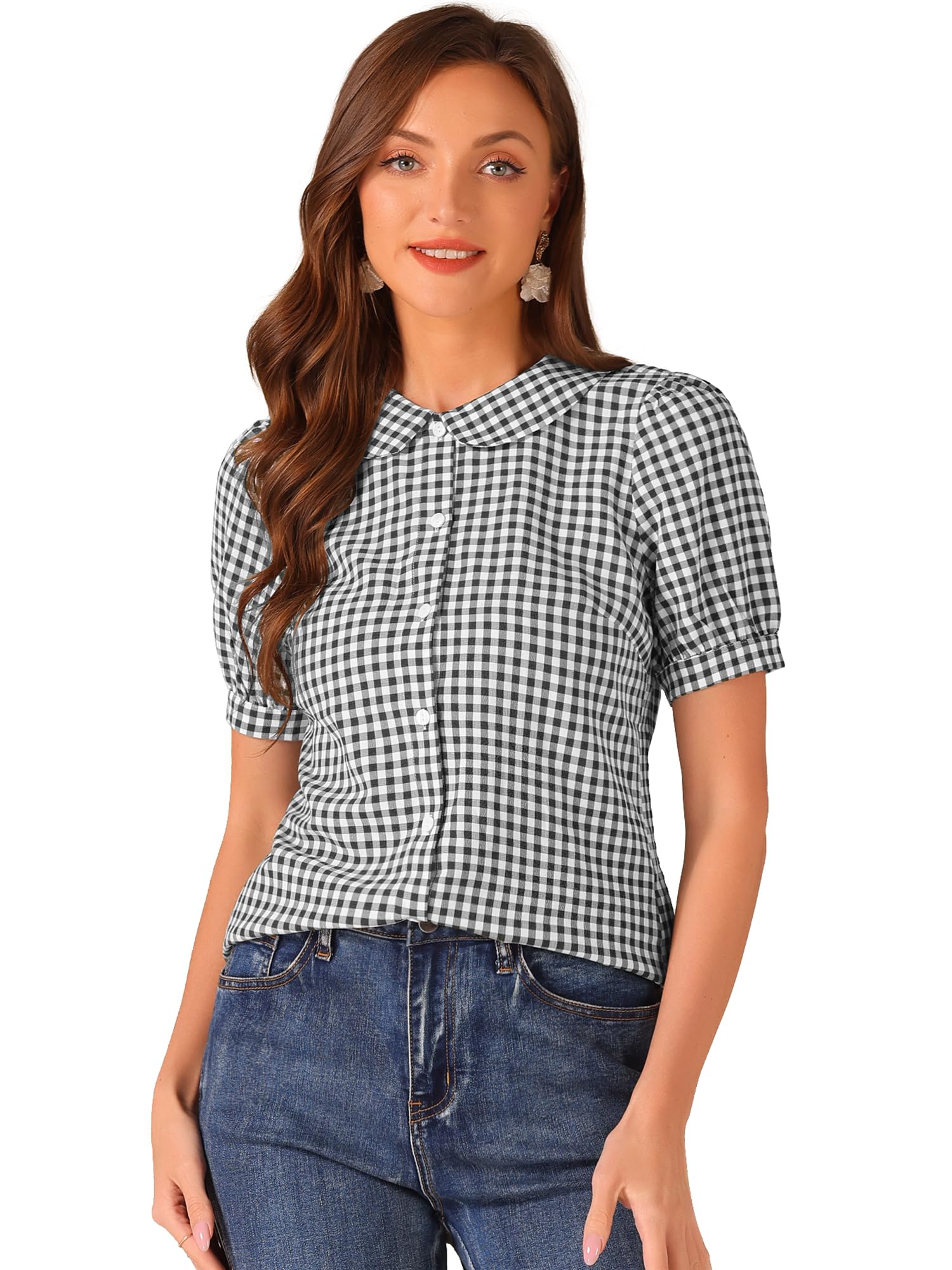 Allegra K Women's Peter Pan Collar Plaid Shirt Puff Short Sleeve Button Down Blouses Casual Summer Gingham Tops