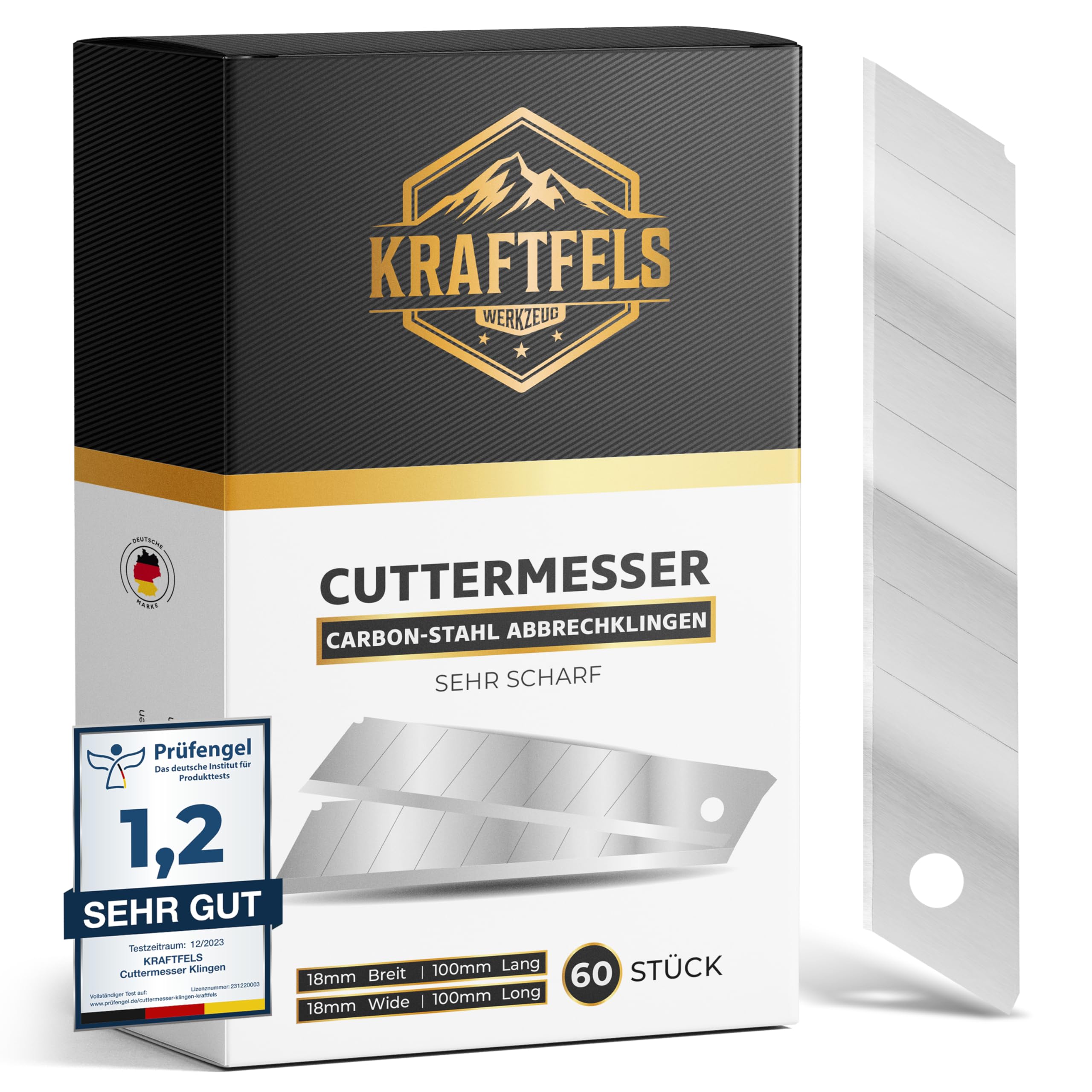 KRAFTFELS 60x Cuttermesser Klingen 18mm SK5 - Teppichmesser Klingen Cuttermesser aus hochwertigem Carbonstahl - Gehärtet & ultra scharf - Abbrechklingen 18mm für Cutter Messer - Ersatzklingen Cutter