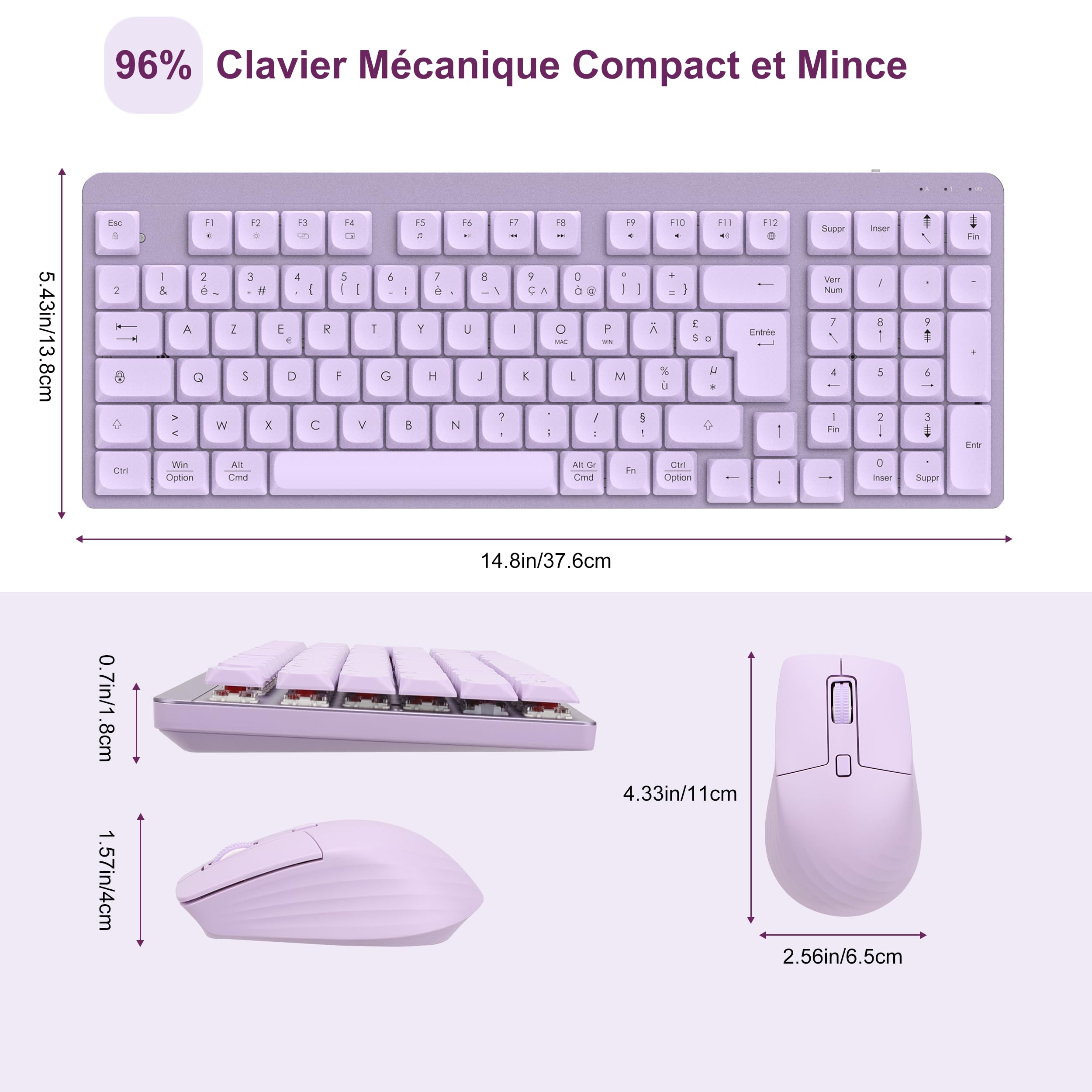 LeadsaiL Clavier Souris Mécanique sans Fil, FA98 Low Profile Ensemble Clavier et Souris avec Interrupteur Rouge, Français AZERTY, Connexion 2.4Ghz, 98 Touches for Windows MacOS Computer PC-Pourpre