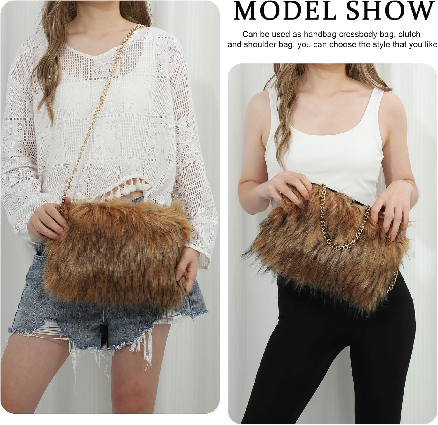 SUKUTU Faux Fur Evening Handbags for Women Soft Fuzzy Fluffy Crossbody Shoulder Bag with Chain Strap - Image 2