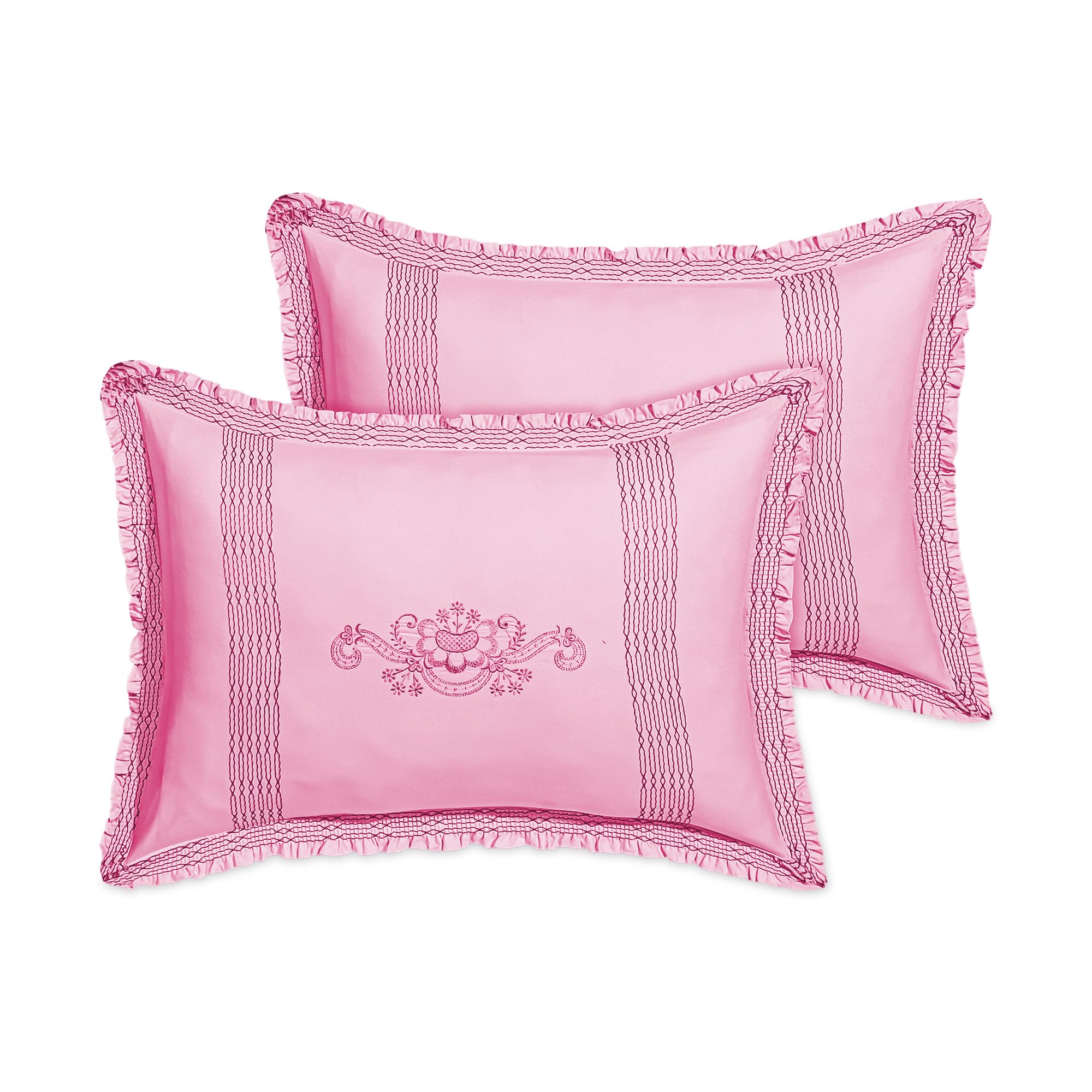 Kuber Industries 2 Pcs Cotton Pillow Cover with Hidden Zipper | 20x30 Inch Embroidered Floral Design & Ruffled Frill Border | Pillowcase for Bed & Sofa | Secure Fit, Gentle on Skin| Pink
