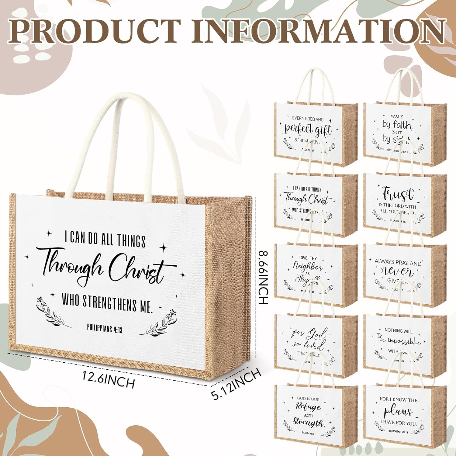 SATINIOR 10 Pcs Christian Gifts Bulk Religious Burlap Gift Bags with Handles Reusable Motivational Bible Tote Bags for Women Church Sunday School Coworkers Staff Thank You Gifts(Brown and White) - Image 2