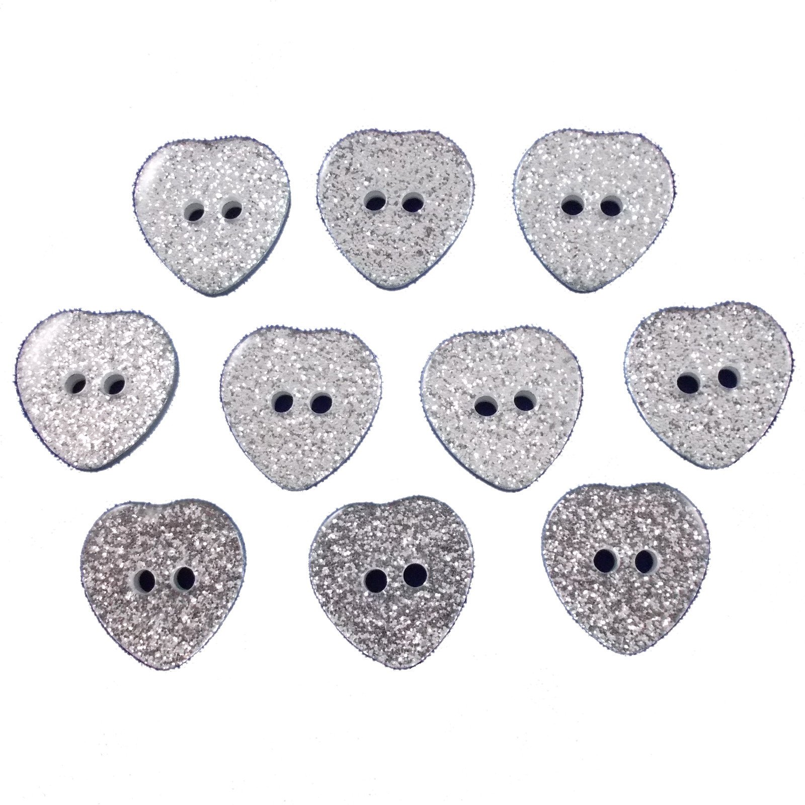 Colour Glitter Heart Shape Buttons 15mm (Silver, 10)