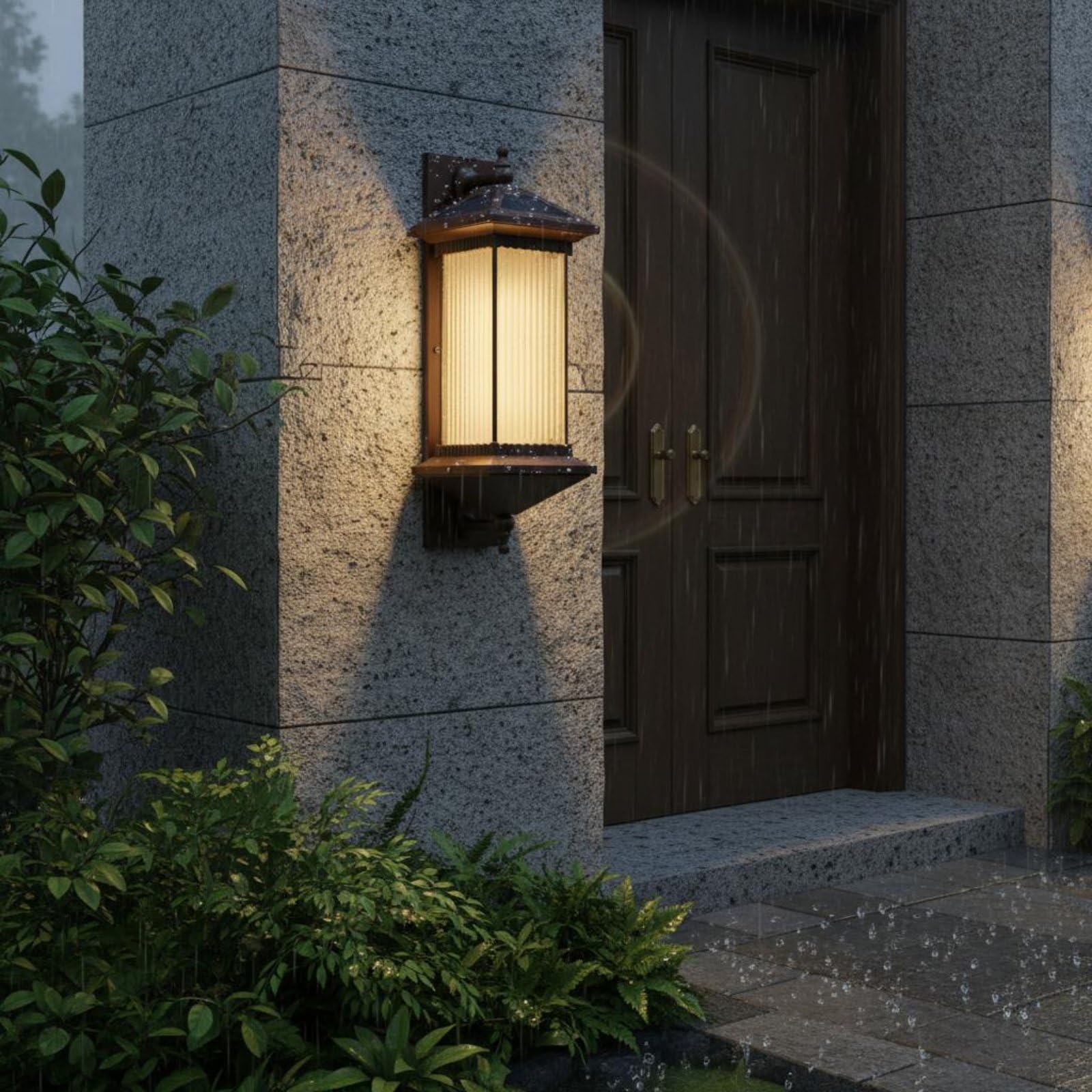 Outdoor Wandleuchte Solar Laterne Wandlampe Außenwandleuchte Solarleuchte mit Warmem Und Neutralem Licht aus Aluminium Und Glas IP55 für Haustür, Kabelgebunden, 78CM Höhe, Rillen-Glas