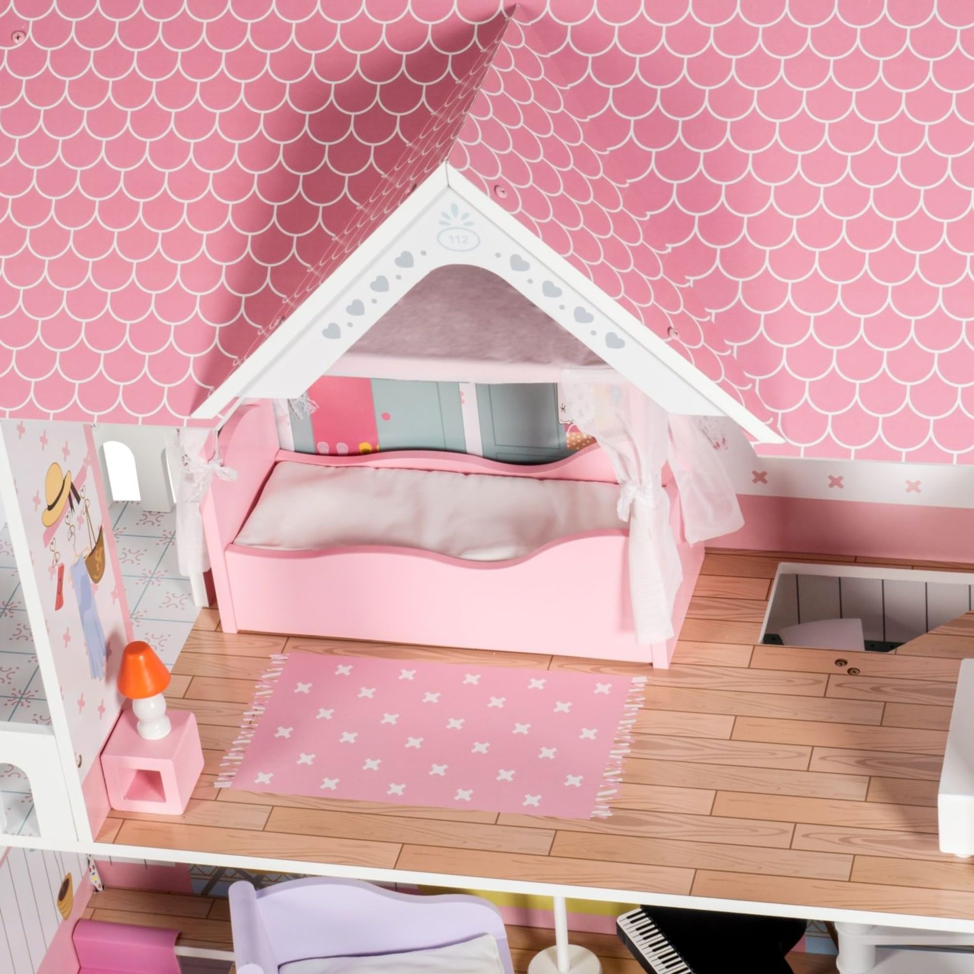 Mamabrum Casa de Muñecas de Madera XXL con LED – Casita de Muñecas de 3 Pisos con Muebles, Jardín y Accesorios – Casa de Barbie de Madera Educativa para Niñas +3 Años