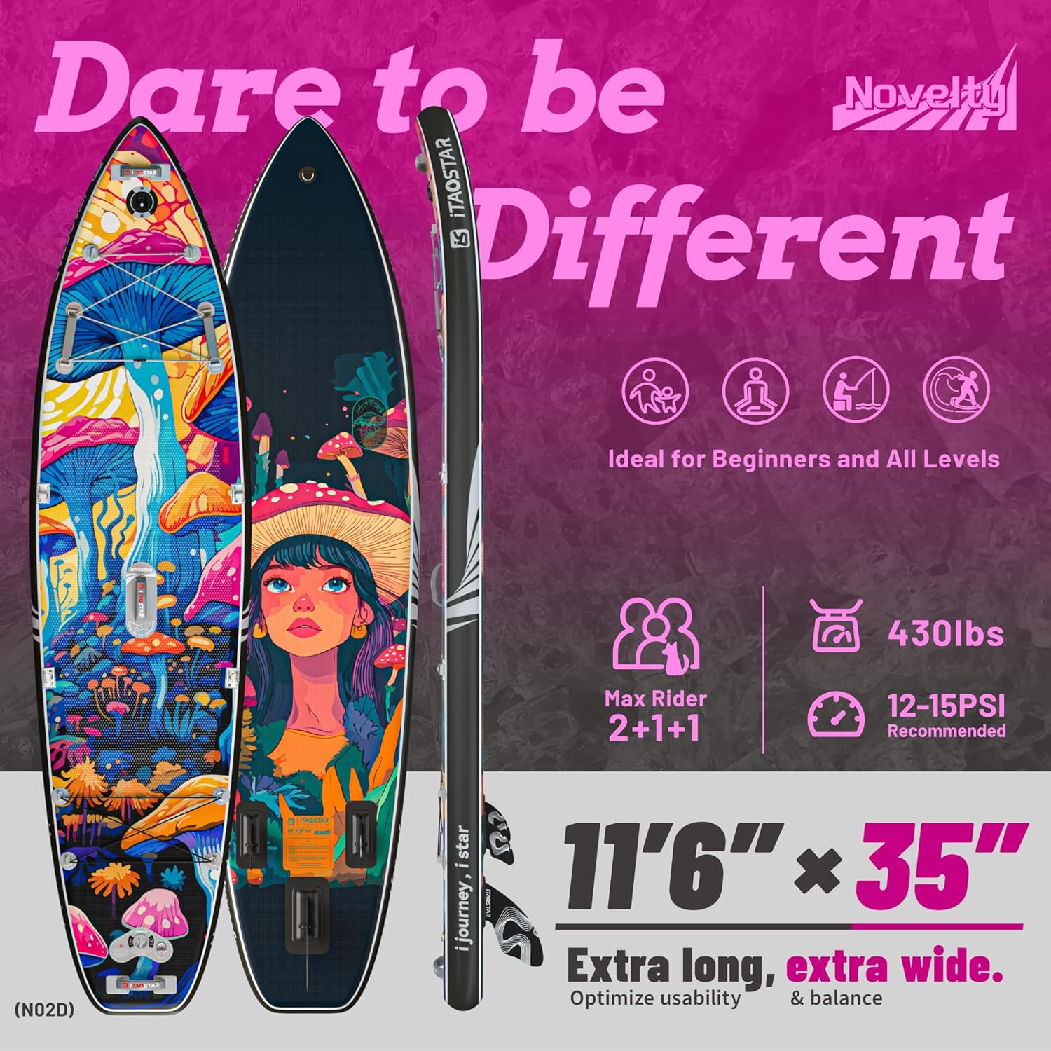 Novelty 11'6" x 35" Extra Wide SUP for Enhanced Stability - Inflatable Stand Up Paddle Board - Premium Paddle Board Kit for Adults & Youth - All Skill Levels - Includes SUP Accessories - Image 2