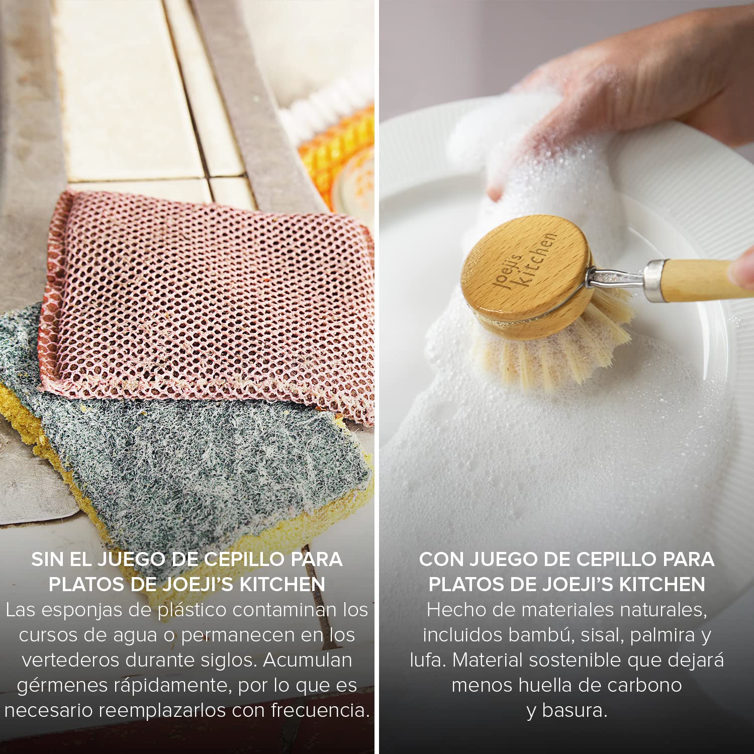 Joeji's Kitchen Juego de cepillos ecológicos de Madera de bambú, Estropajo económico ecológico con Cabezales Intercambiables, Cepillo de Limpieza para Tazas, Platos o Cubiertos