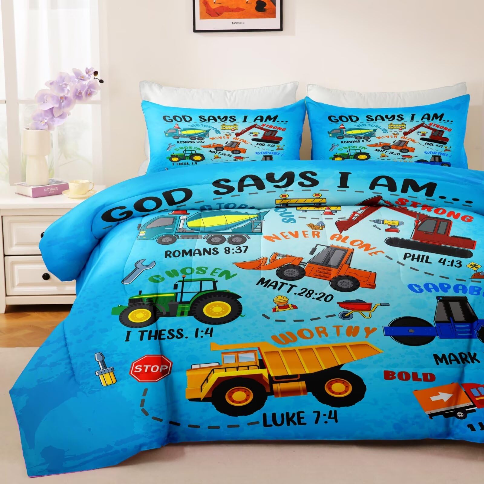Condition photo showing New/Like New for boys construction vehicles truck comforter set twin,christian kids god says i am construction bedding set,car excavator tractor bedroom set(1 comforter 2 pillowcase) blue