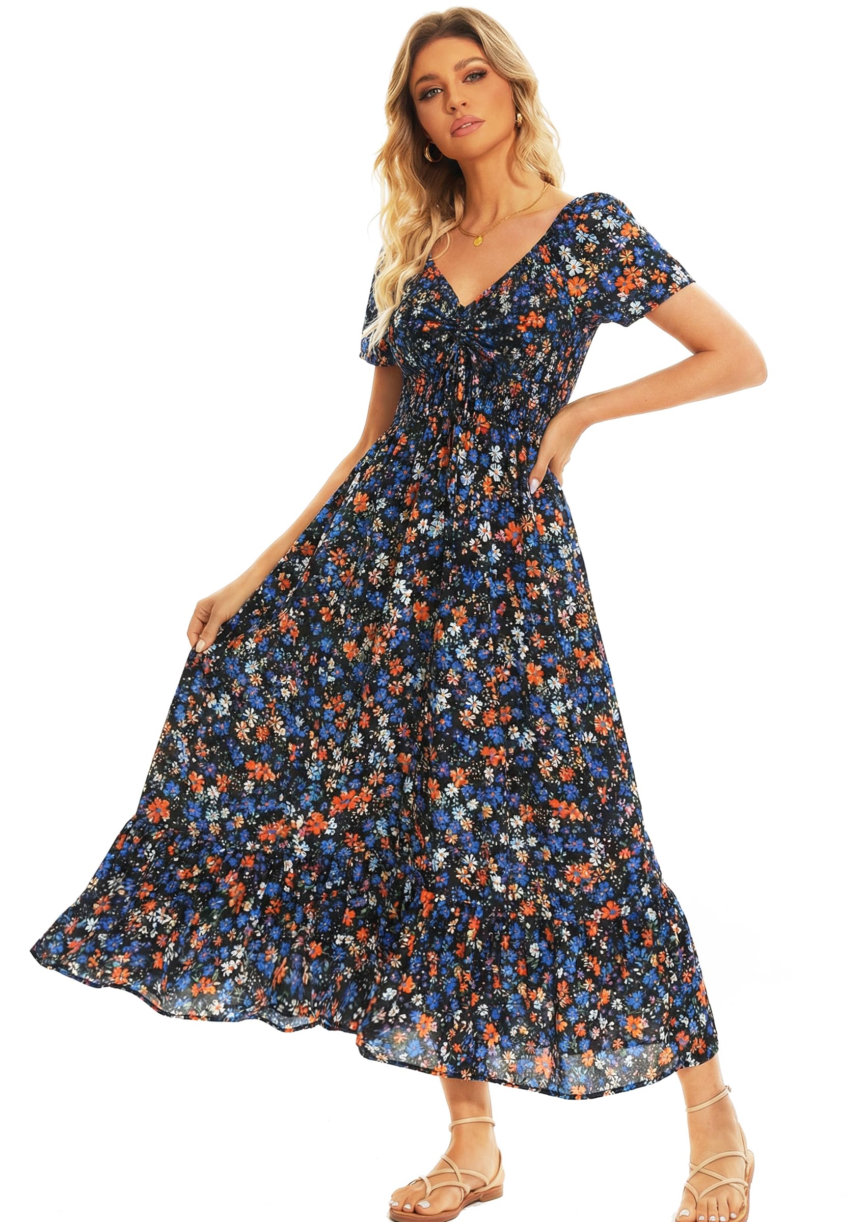 Summer Floral Smocked Maxi Dress for Women 2026 Casual Flowy Tiered A Line Boho Beach Party Long Dresses with Short Sleeve