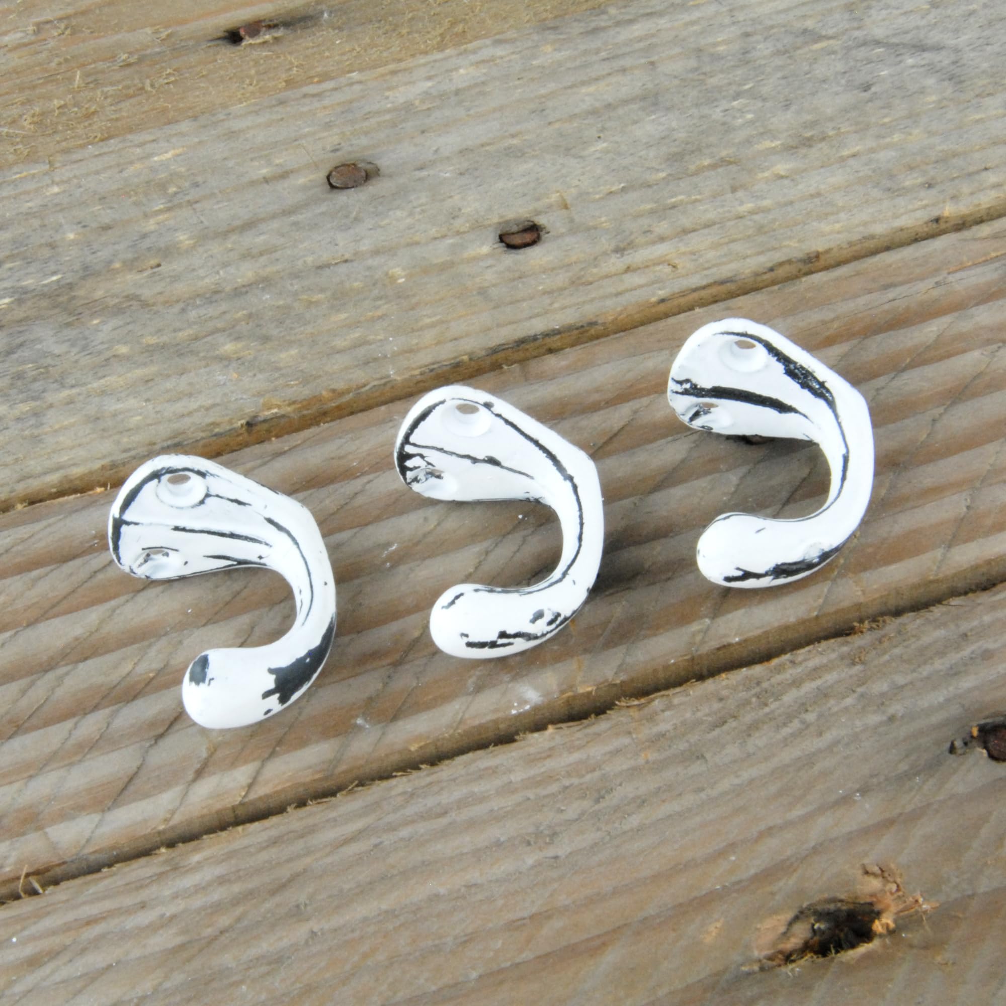 Jones & Grey A Set of 3 Distressed White Cast Iron Single Metal Wall Hooks Coat Rack Cup Hangers