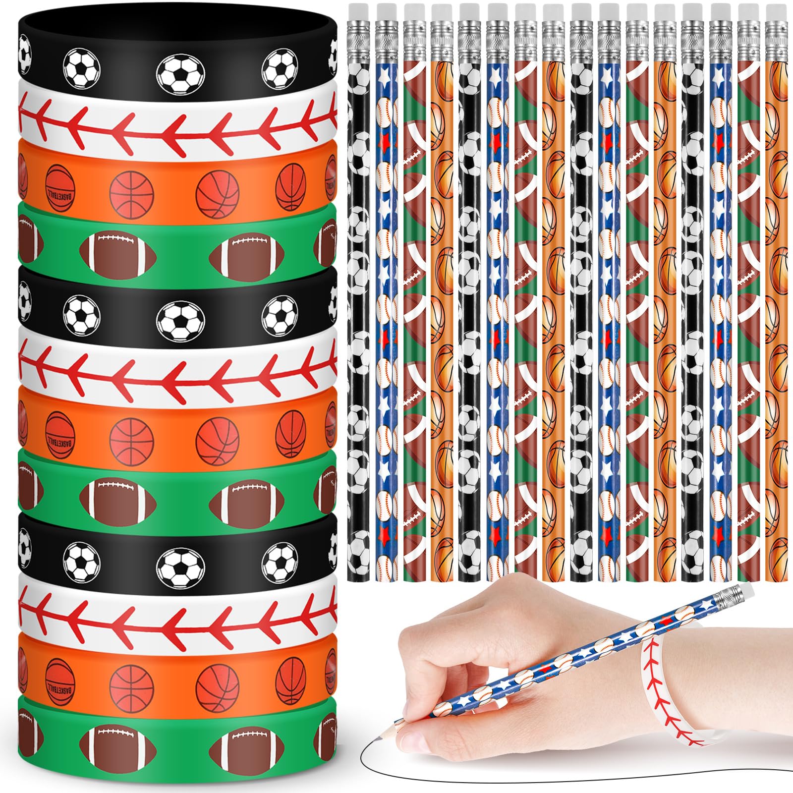 Sabary 48 Pcs Sports Pencils Silicone Bracelets Set Soccer Football Basketball Baseball Wooden Pencil Rubber Wristbands for Birthday Gifts Sports