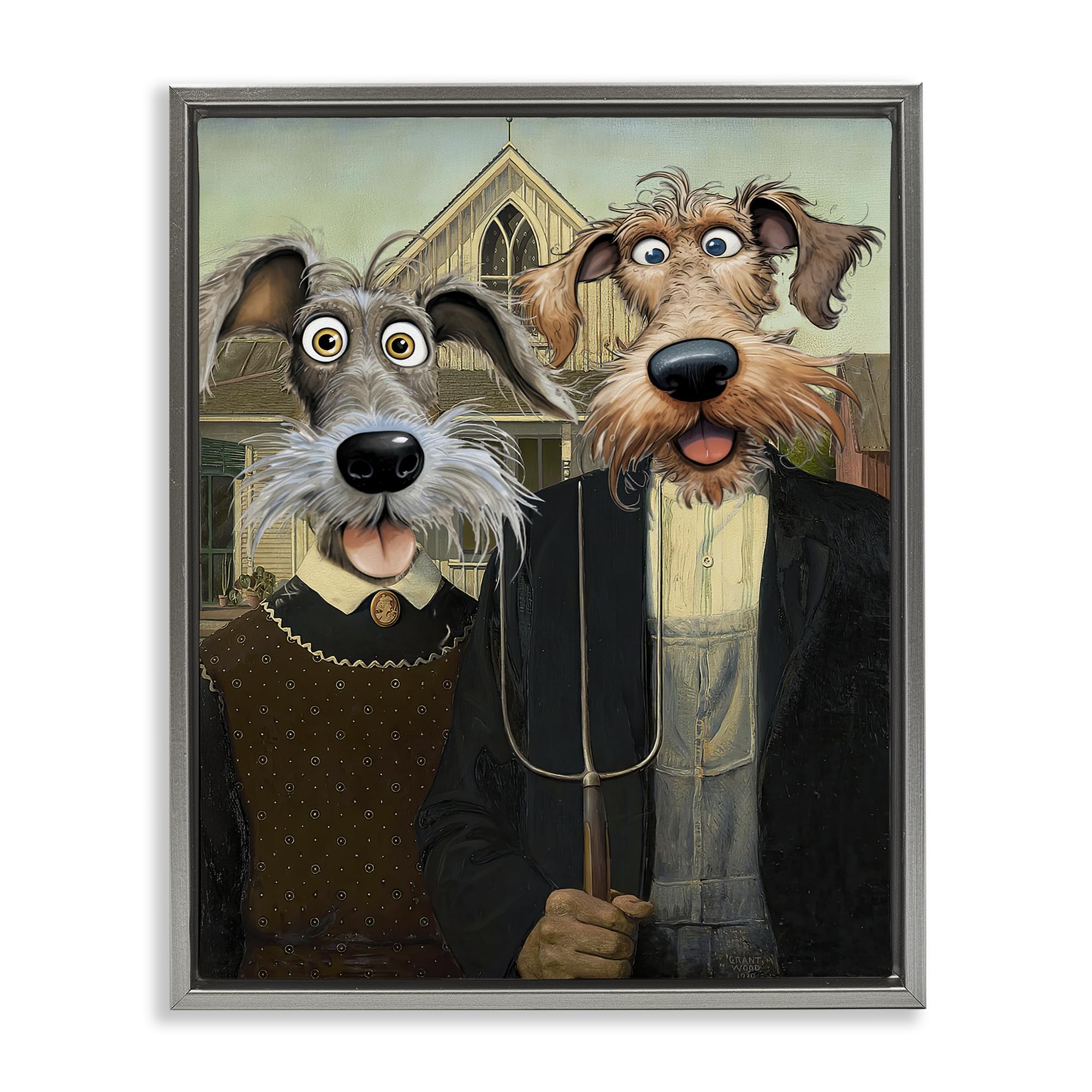 Stupell Industries Luster Gray (Matte) 'American Gothic Pups', Floating Frame Canvas Art, Gray, 25 X 31 Inches, Easy To Hang And Sturdy, Made In Usa, By Tina Lecour