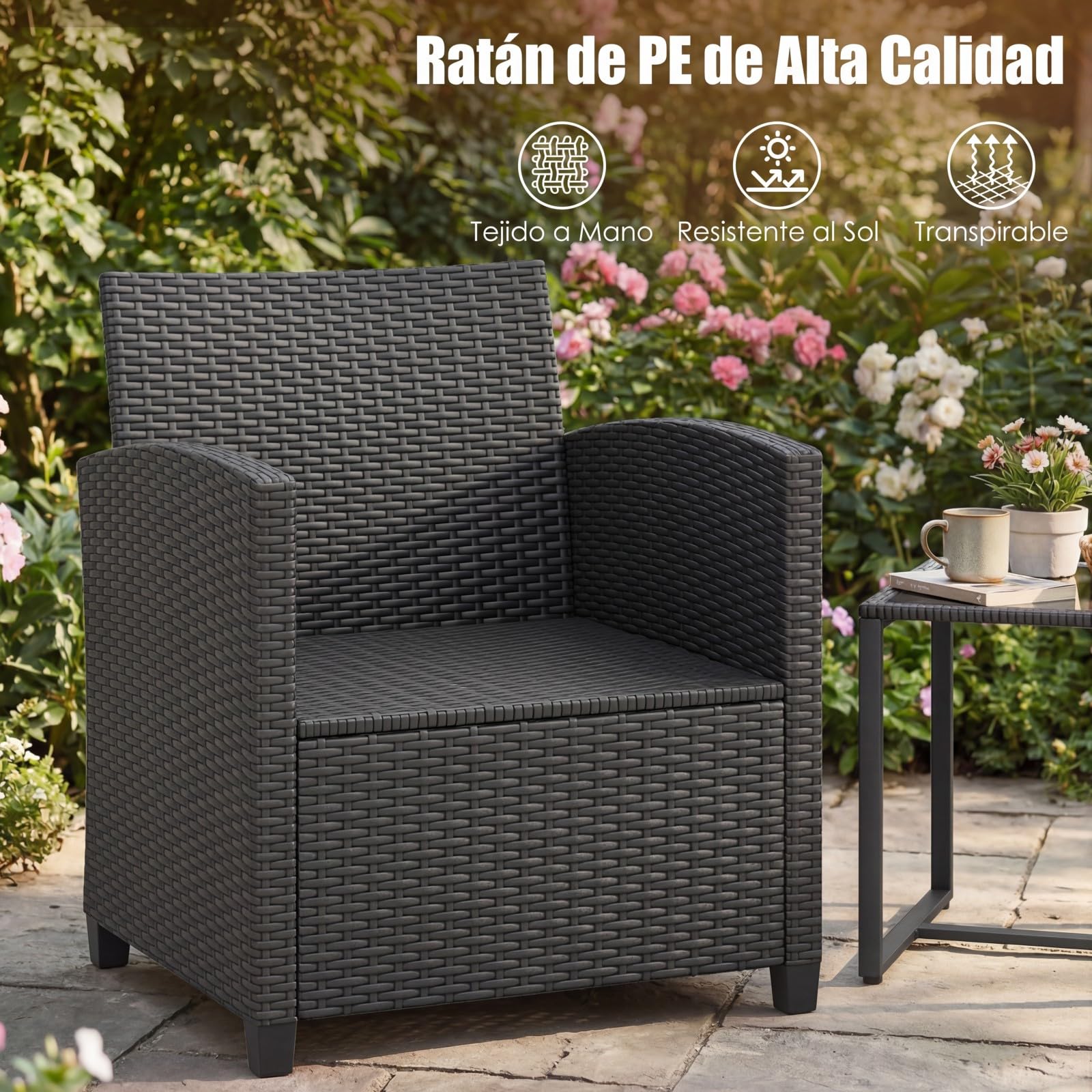 COSTWAY Conjunto Mesa y Sillas Jardin de 3 Piezas, Conjunto de Conversación de Ratán PE con 2 Sillas,Mesa Auxiliar de Vidrio Templado y Cojines con Funda Desmontable para Terraza Patio (Negro+Beige)