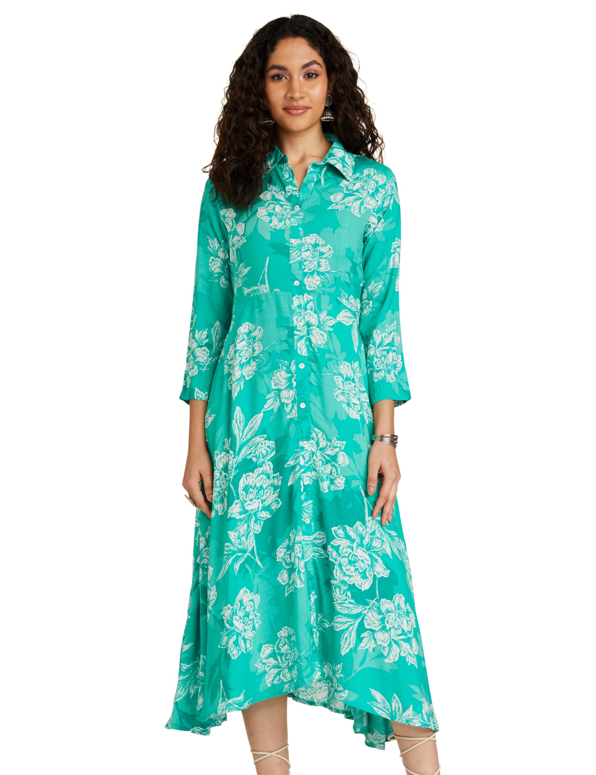 biba Women's Below The Knee 3/4 Sleeves Collared Neck Printed Casual Dress-picture-18