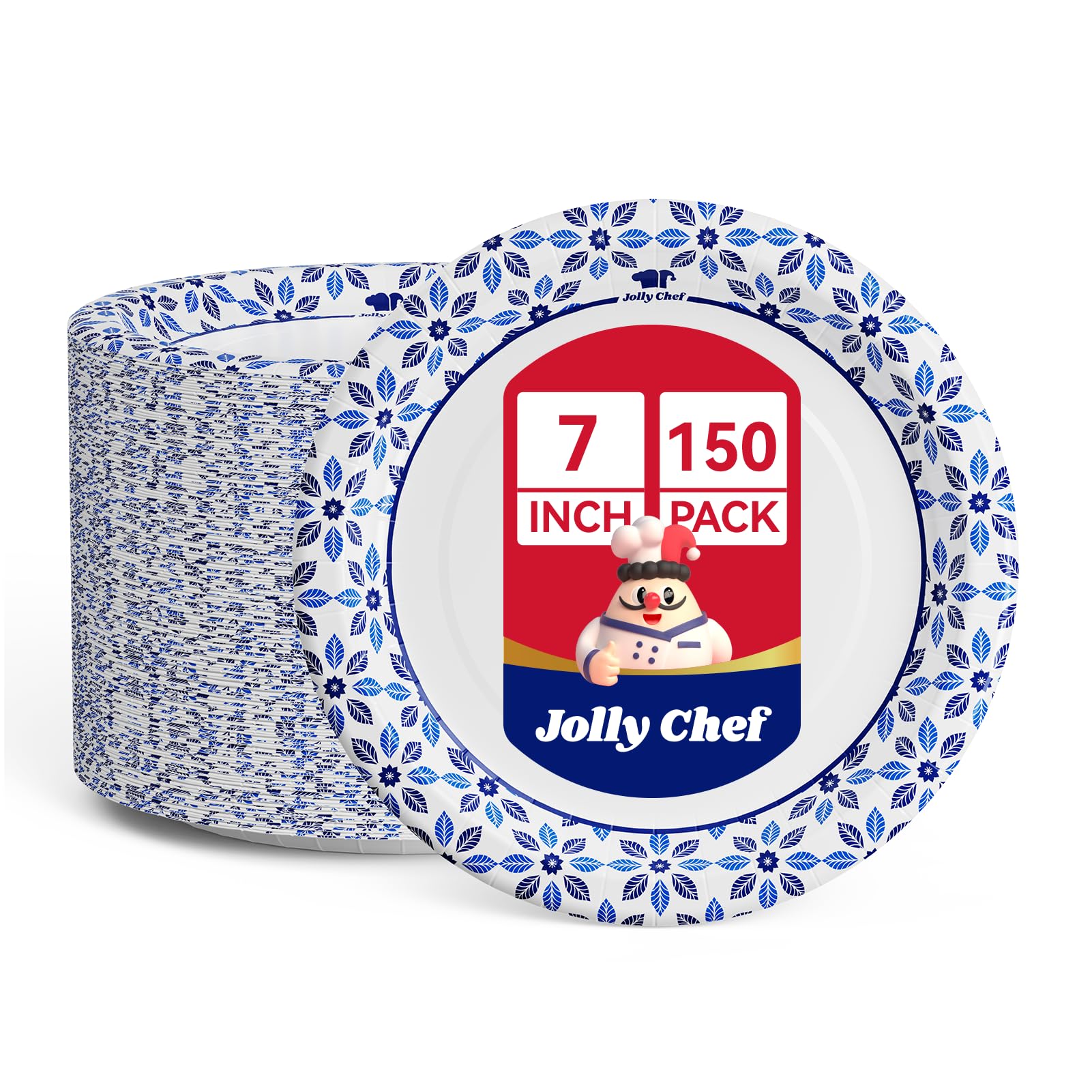 JOLLY CHEF 7 Inch Disposable Paper Plates, 150 Count Blue Floral Paper Plates, Cut Proof Disposable Plates for Party, Picnic, BBQ, Wedding, Hot & Cold Food