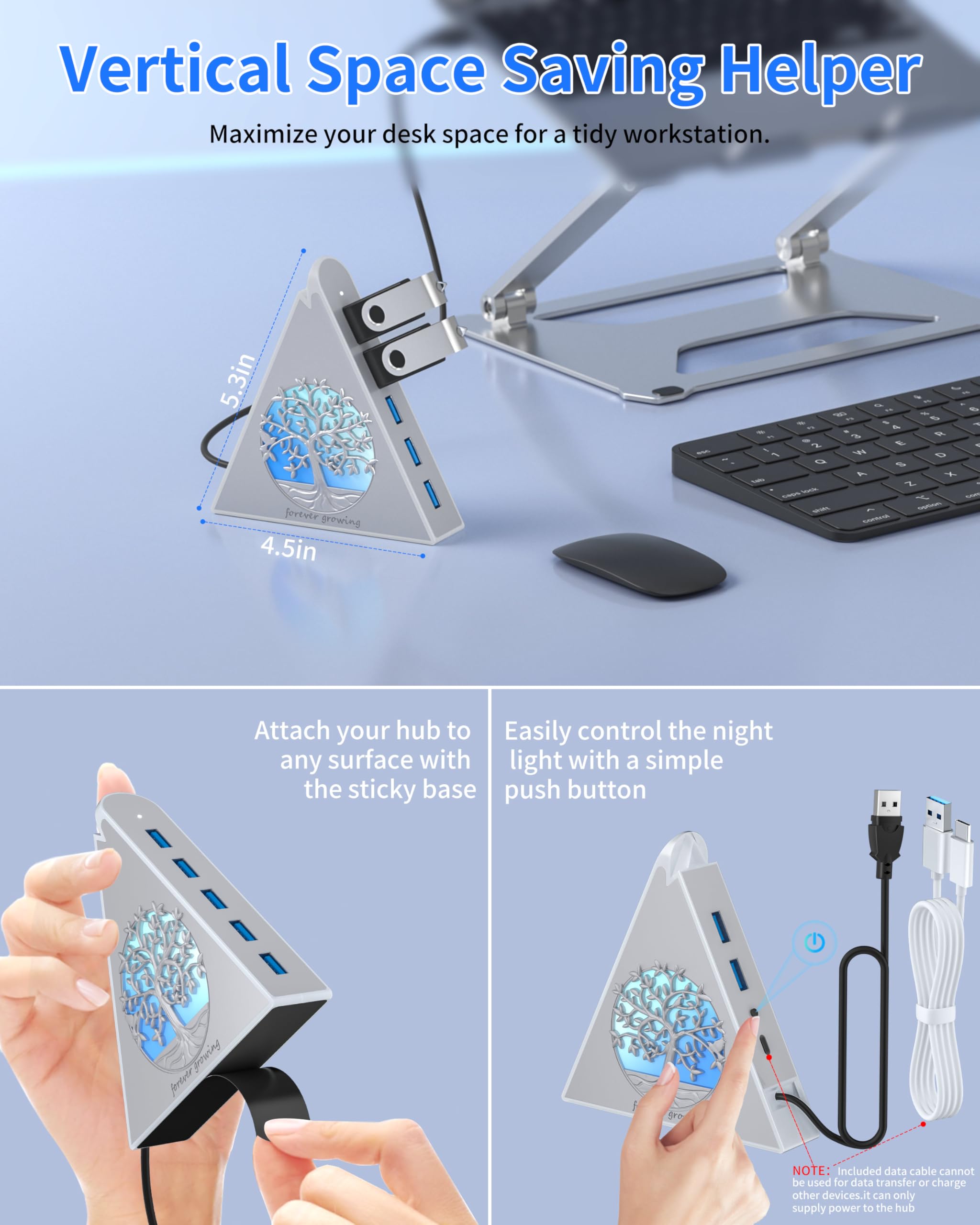 Hub USB 3.0 de 7 puertos, expansor USB vertical plateado con iluminación RGB temática de árbol, velocidad de transferencia de 5 Gbps, cable de extensión de 2 pies, para MacBook, laptop