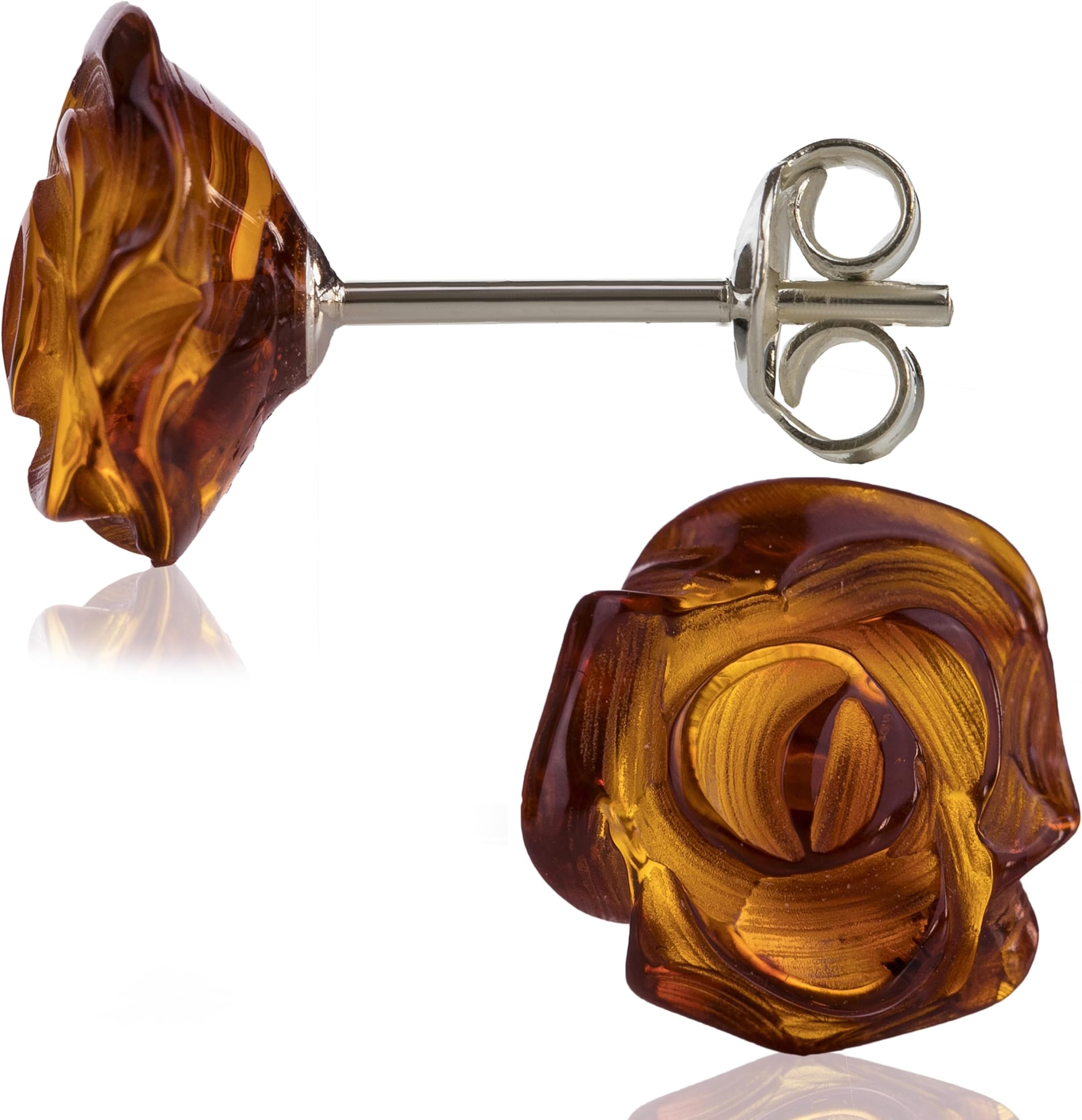 Amber Culture Amber Stud Rose Earrings - Carved from Natural Baltic stone in a Gift Box - 925 Sterling Silver