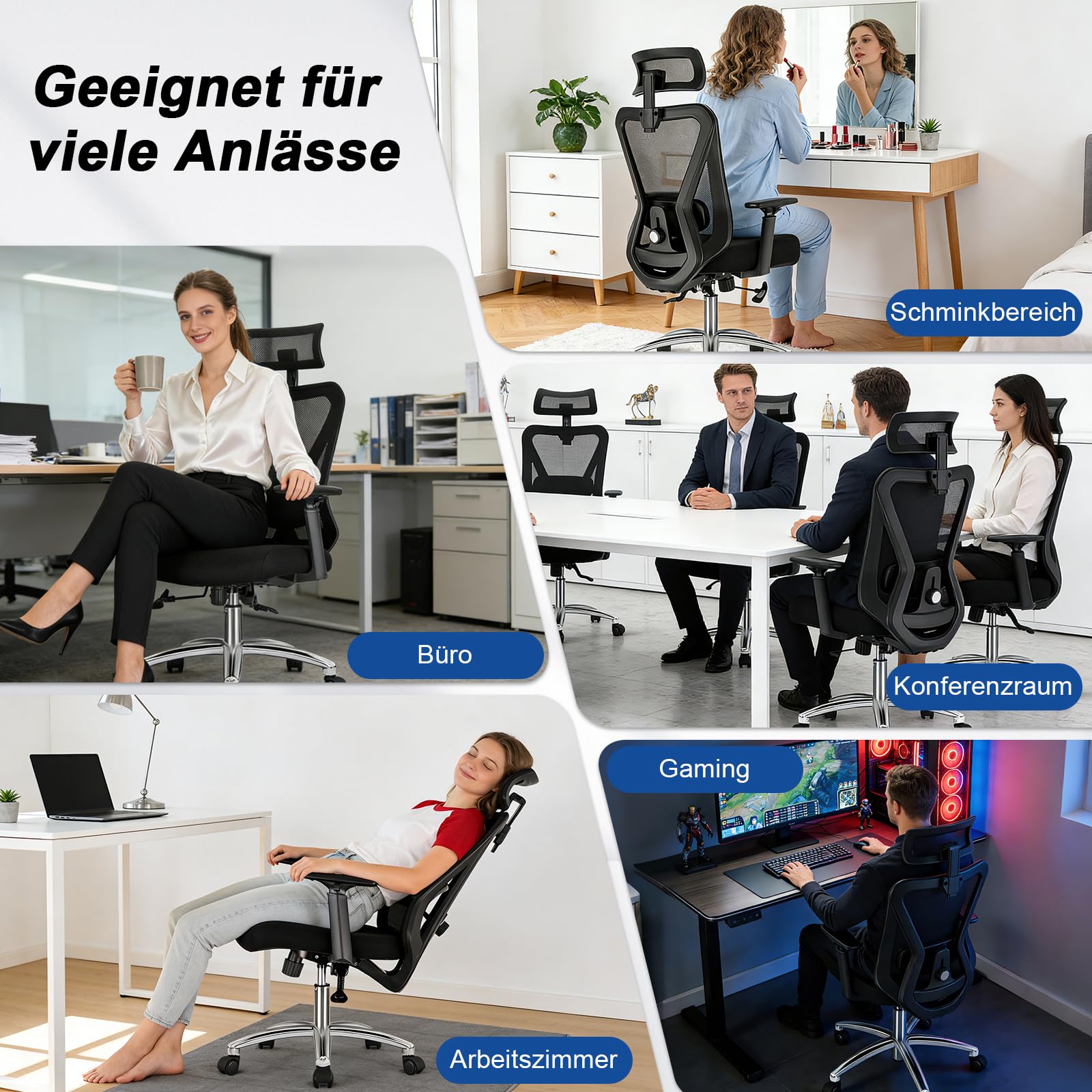 Durrafy Bürostuhl Ergonomisch, Bürostuhl mit Lendenstütze Verstellbarer Kopfstütze und Armlehnen, 3-stufige Neigungsverriegelung, Rückenfreundlicher Schreibtischstuhl bis 150KG für Büro und Homeoffice