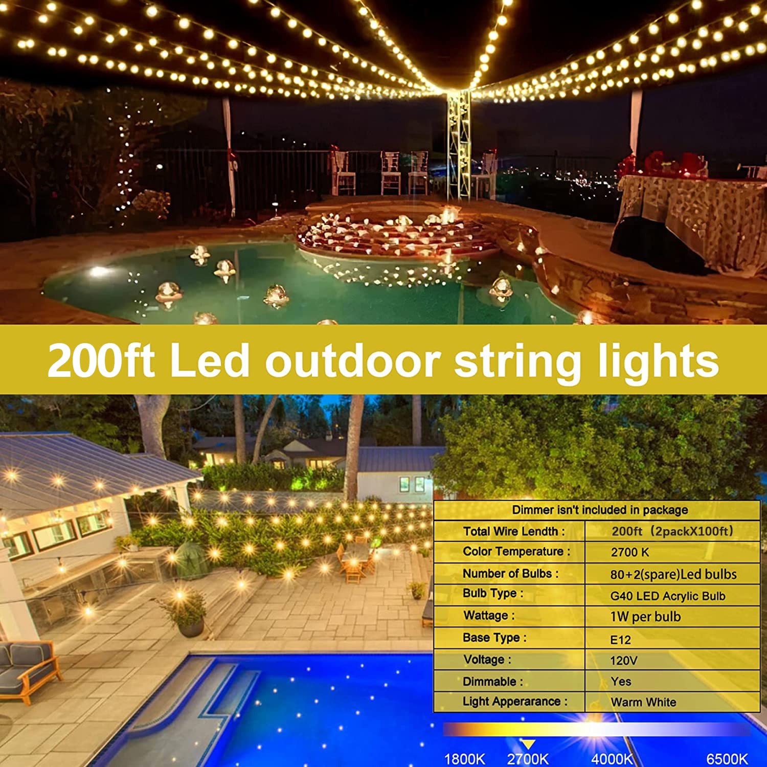 Outdoor String Lights 200FT (100FTX2pack) Outdoor Lights with Waterproof Shatterproof 82LED Bulbs Connectable Patio Lights for Indoor Outdoor Courtyard Cafe Porch Party Led Outdoor String Lights