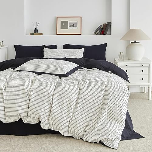 Miniatura 2 de SUSYBAO Juego de funda de edredón moderna a rayas tamaño Queen, 100% algodón, diseño de rayas onduladas, juego de 3 piezas, 1 funda de edredón con