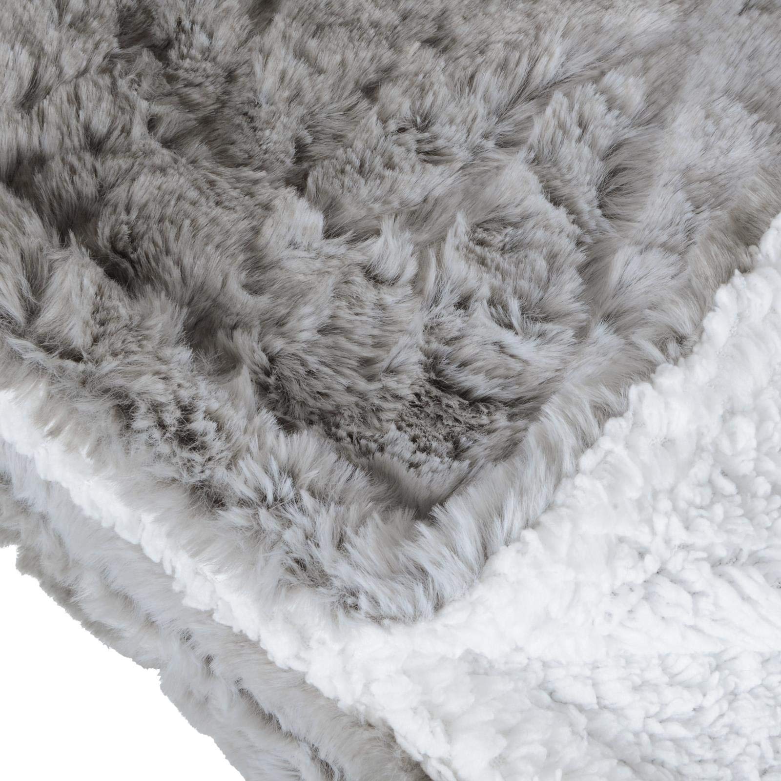 Hodge and Hodge Grey Faux Fur Blanket White Sherpa Fleece Throw Wrap Cover Bed Sofa 130 x 155cm, 130x155cm - Image 2