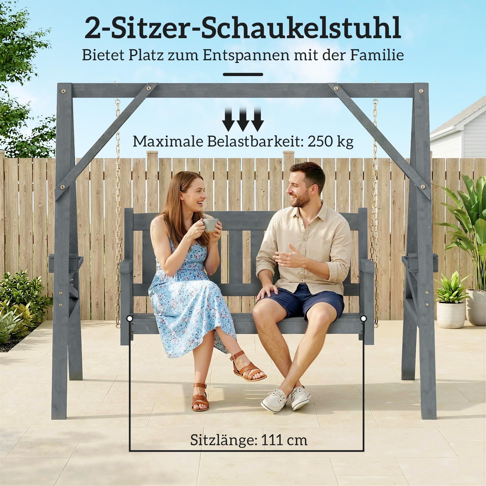 Outsunny Hollywoodschaukel, 2-Sitzer Gartenschaukel aus Holz, Holzschaukel mit Ablagen, Schaukelbank bis 250kg belastbar, für Garten, Terrasse, 183 x 120 x 160cm, Grau