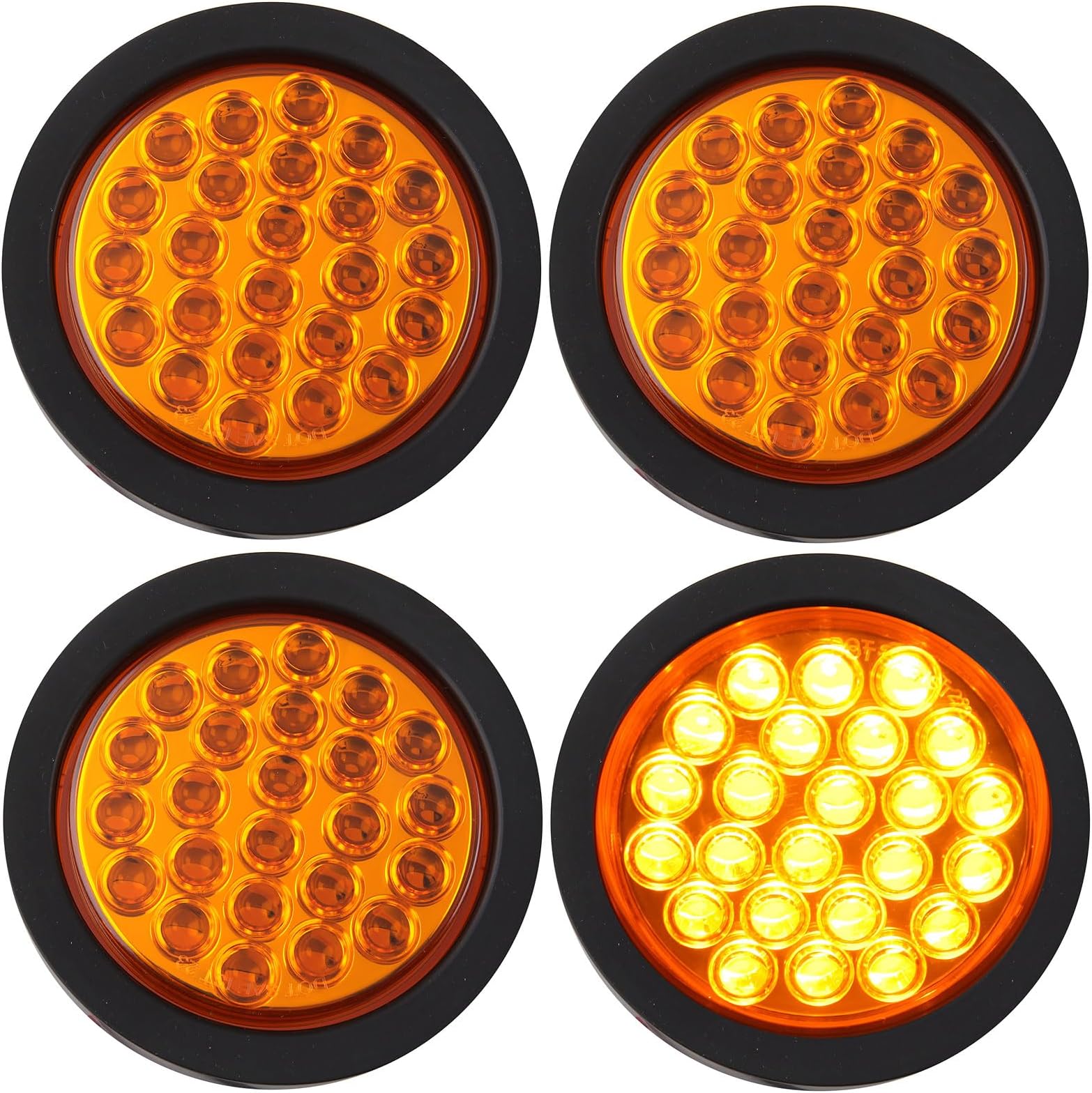 4Pcs 4 Inch Round Amber Strobe Lights 24 LED Trailer Tail Lights with Stobe Solid Flash Patterns for Truck Towing Trailer Lamps Warning Waterproof w/Grommets and 3 Prong Plug 10V-30V