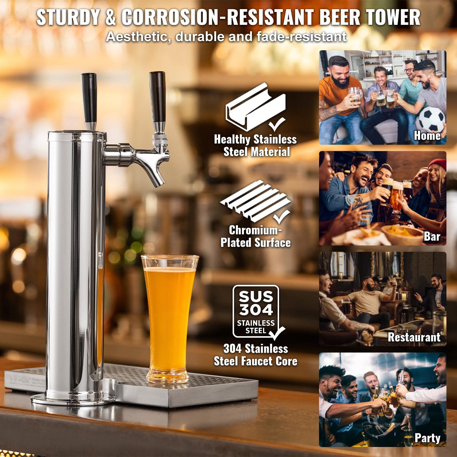 VEVOR Kit Spillatore Birra a Doppio Rubinetto, Dispenser Torre Birra per Fusti in Acciaio Inossidabile con Regolatore W21.8 Doppio Manometro e Accoppiatore Fusti S-System