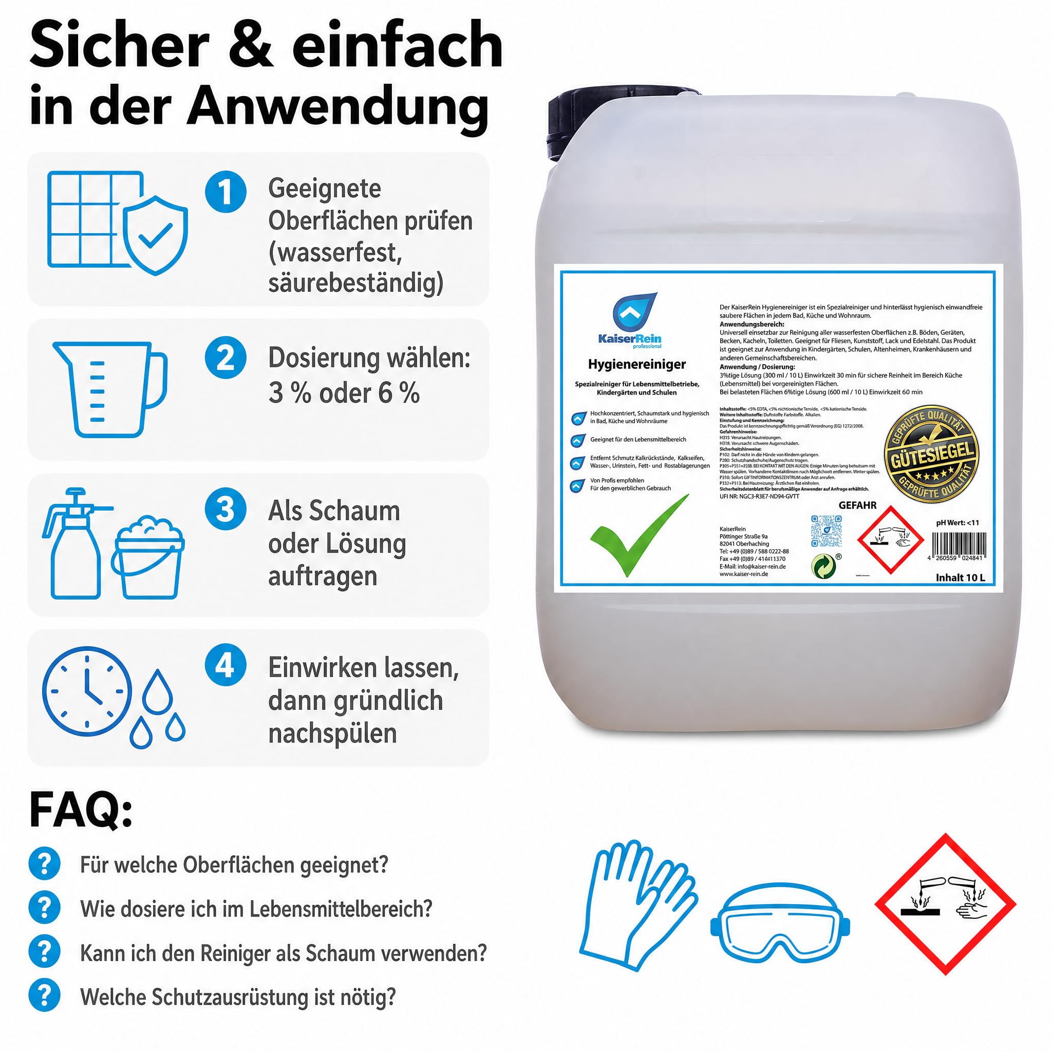 KaiserRein Hygienereiniger Konzentrat, Profi-Universalreiniger für Bad, Küche & Boden, Sanitärreiniger/Kalkreiniger/Fettlöser, 10 L Kanister, schaumfähig für wasser- & säurebeständige Oberflächen