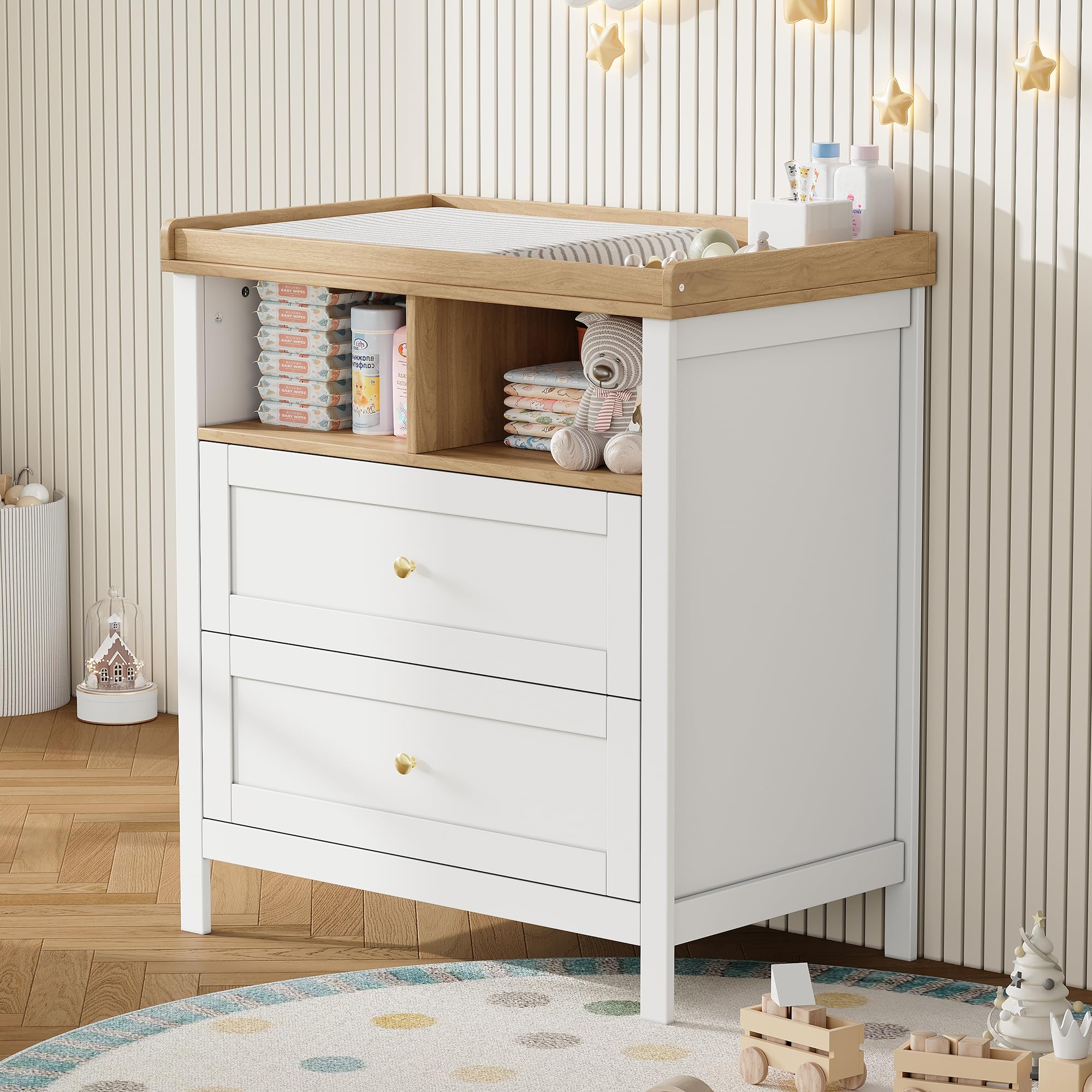 Fasciatoio multifunzione per bambini, convertibile con fasciatoio rimovibile e cassetti, cassettiera con fasciatoio, bianco, 82 x 50 x 90 cm, senza imbottitura, naturale + bianco