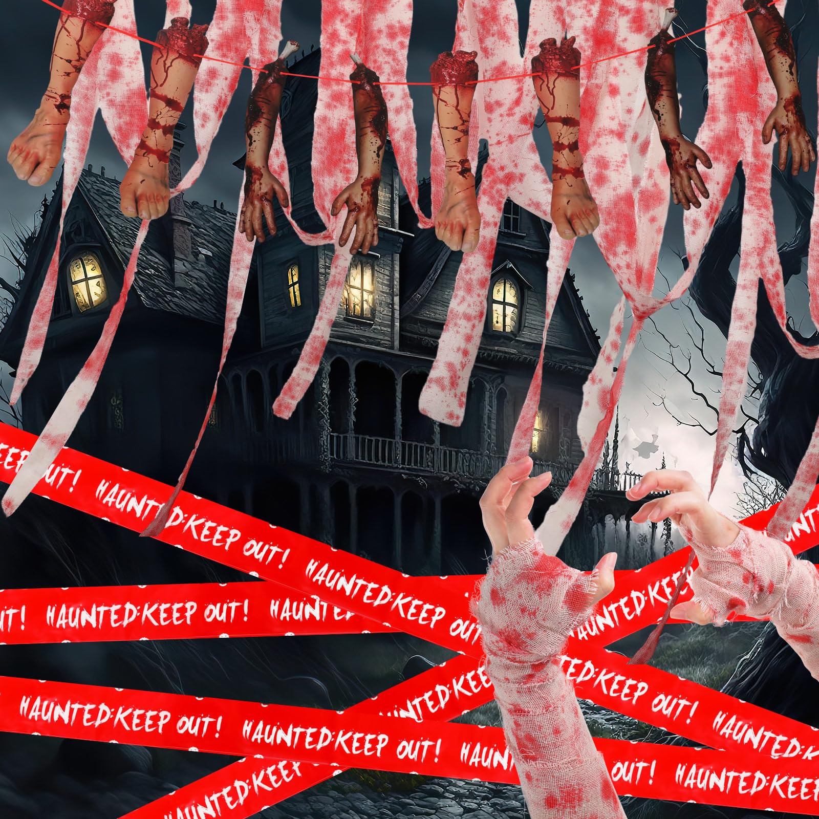 Baquler8 Pcs Bloody Party Decorations Include 6 Roll Mummy Bandage Wrap Halloween Scary Blood Gauze Cloth 1 Halloween Caution Tape Roll 1 Halloween Bloody Party Banner Barricade Tape for House Decor