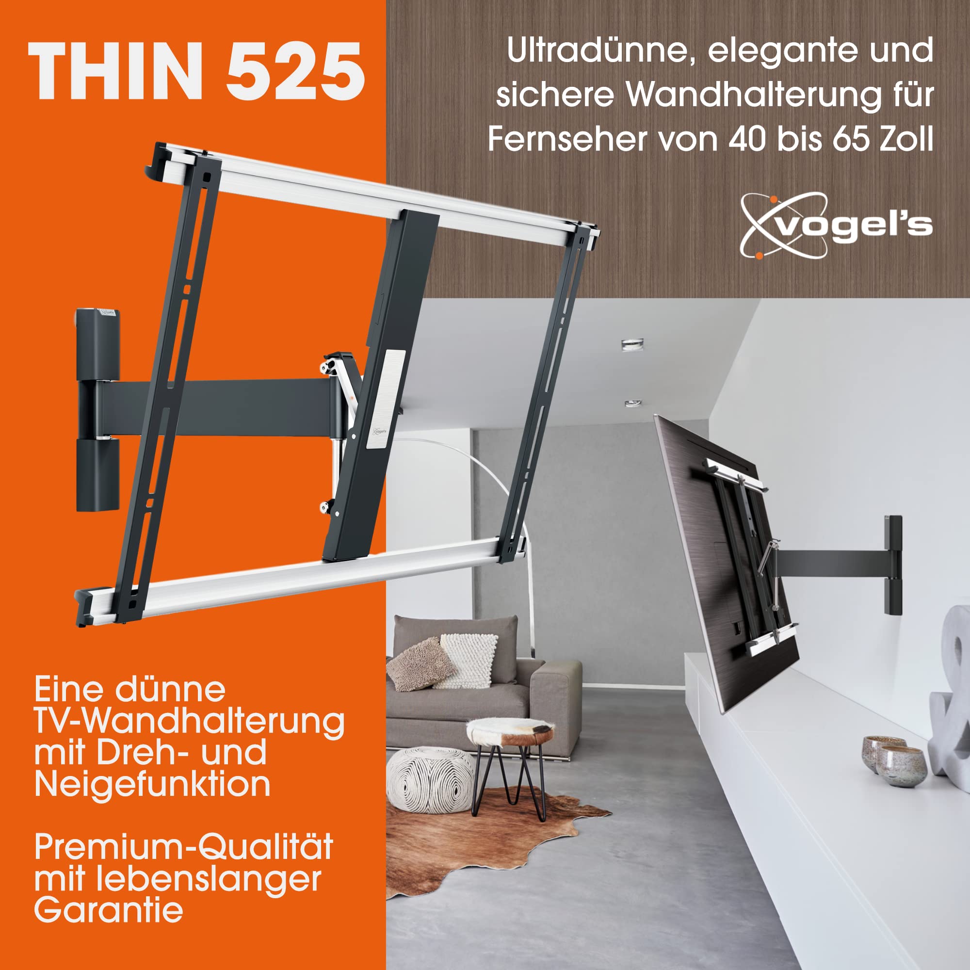 Vogel's Thin 525 Schwenkbare TV-Wandhalterung Für 40-65 Zoll (102-165 cm) Fernseher, Schwenkbar Bis Zu 120°, Neigbar, Max. 25 Kg, Max. VESA 600 X 400, Ultradünne TV Halterung, TÃœV-Zertifiziert