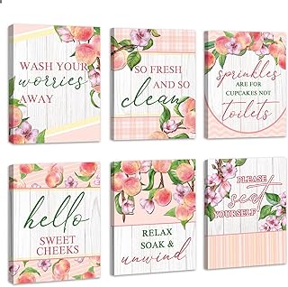 HOURIA 6pcs Framed Watercolor Peaches Bathroom Canvas Wall Art,8 * 10”Lo...