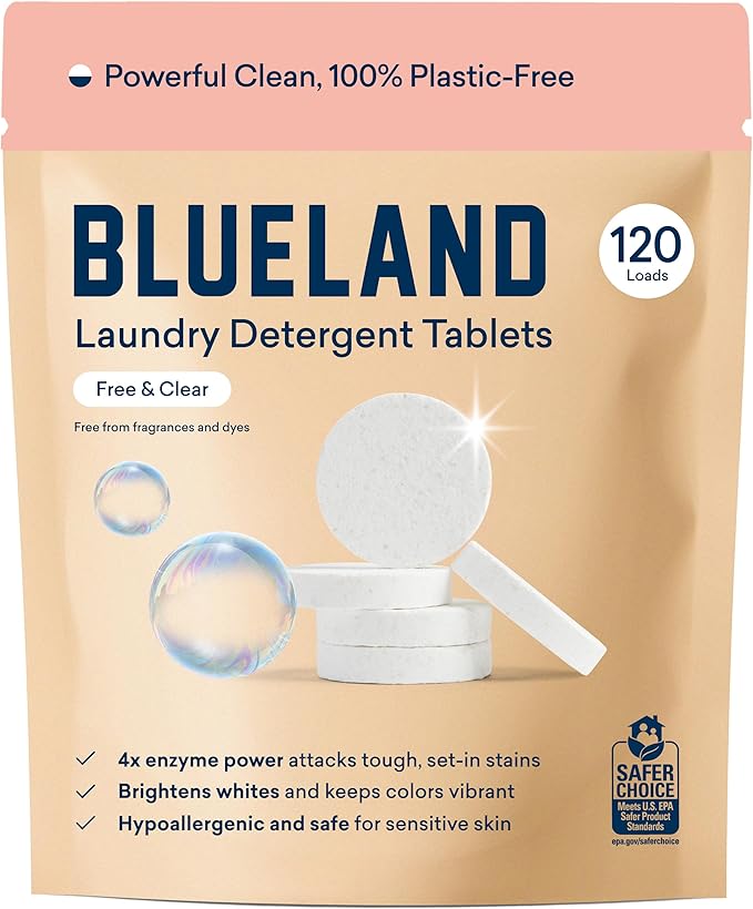 Blueland's reusable laundry tin with laundry detergent tablets.
