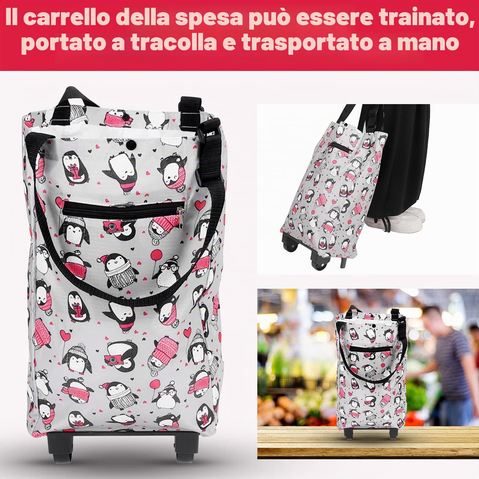 Borsa per la Spesa Pieghevole con Ruote,Borsa Pieghevole Trolley per la casa, Borsa per la Spesa per Anziani, Negozio di Alimentari, Carrello della Spesa Pieghevole