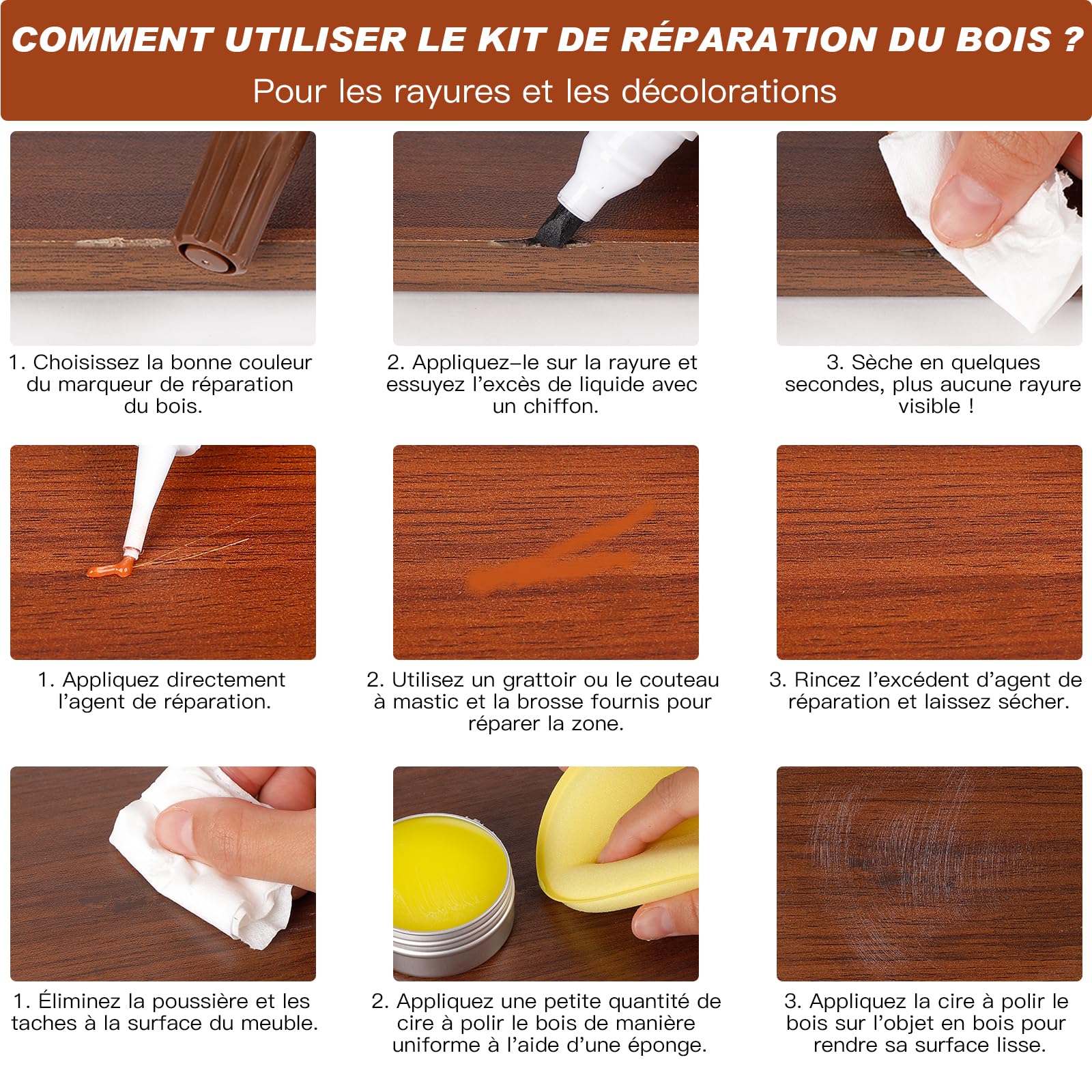 SEISSO Kit De Réparation De Meubles En Bois 39 Pièces, Pâte De Réparation De Mastic À Bois, Marqueurs De Retouche, Mastic À Bois Blanc, Huile De Cire, Pour Les Meubles En Bois, Les Planchers