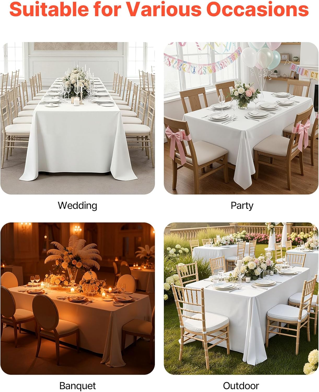 VEVOR White Tablecloths for Rectangle Tables, 10 Pack, 60 x 102 Inches, Reusable and Machine Washable Table Clothes, Wrinkle-Resistant Polyester Fabric Table Covers for Wedding, Party, Banquet